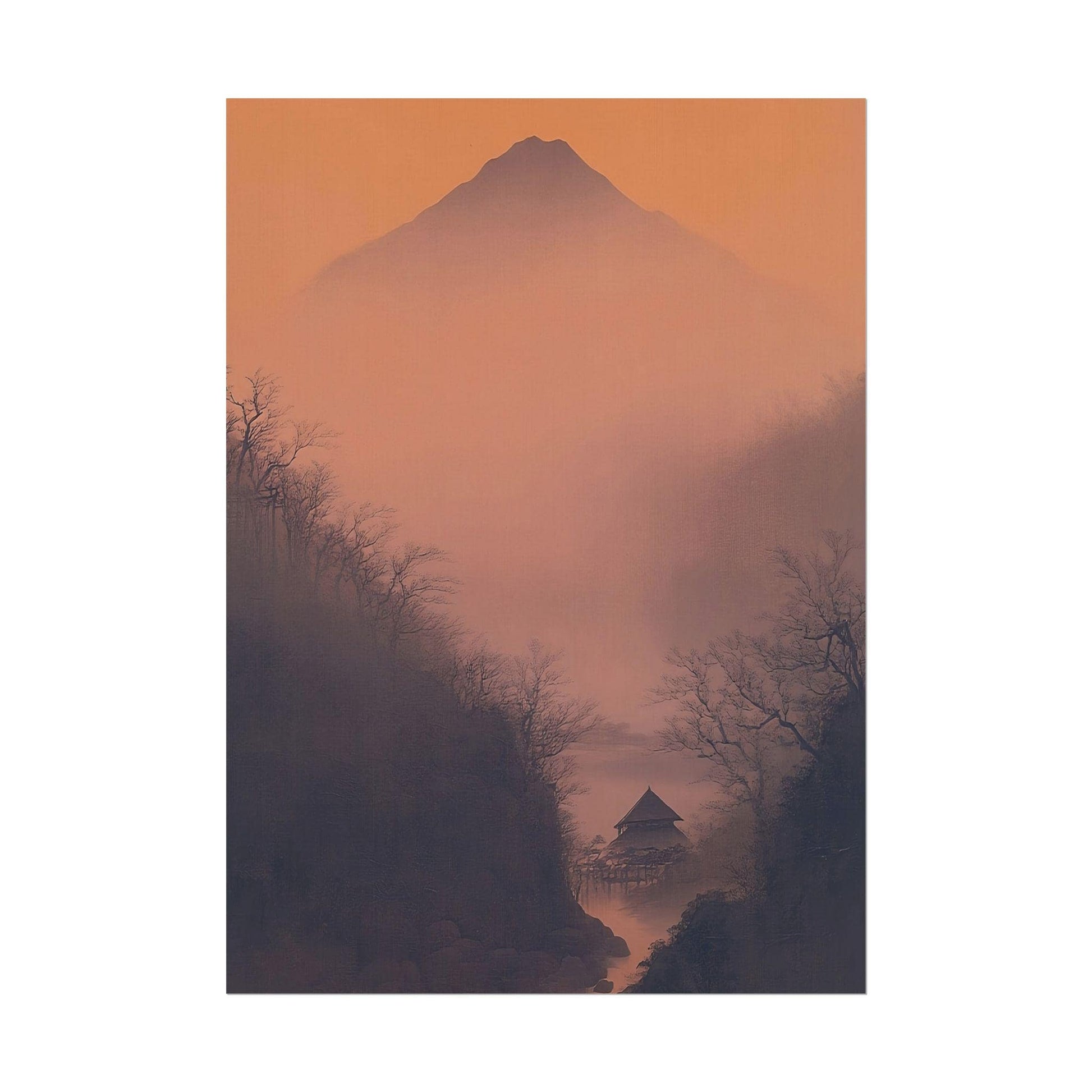 Golden Hour Mountain Valley Print – Japanese Cabin Wall Art in Misty Canyon for Minimal Zen Decor and Peaceful Interior Styling