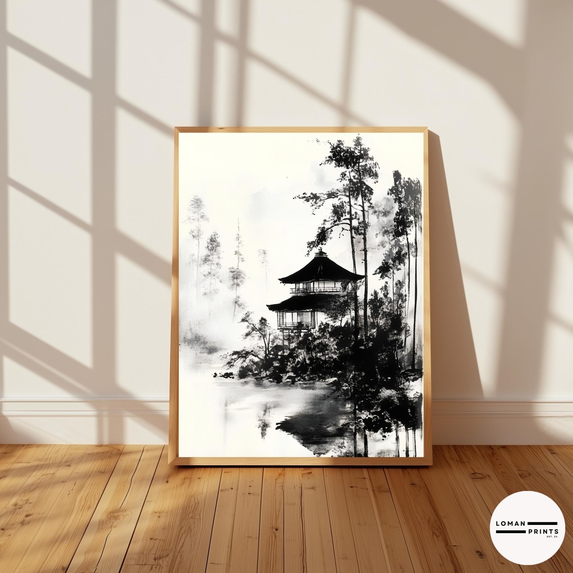 Tranquil Sumi-e Temple Wall Art | Japanese Black and White Ink