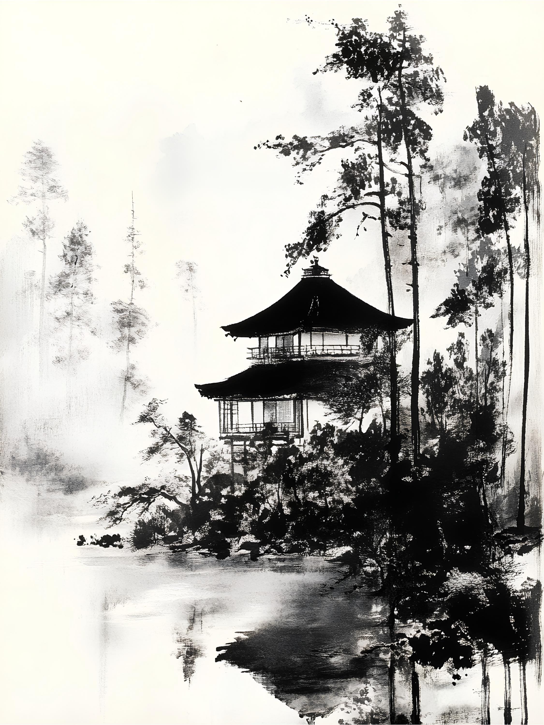 屏風　Sumi-e a painting in black ＆white Tranquil Sumi-e Temple Wall Art | Japanese Black and White Ink