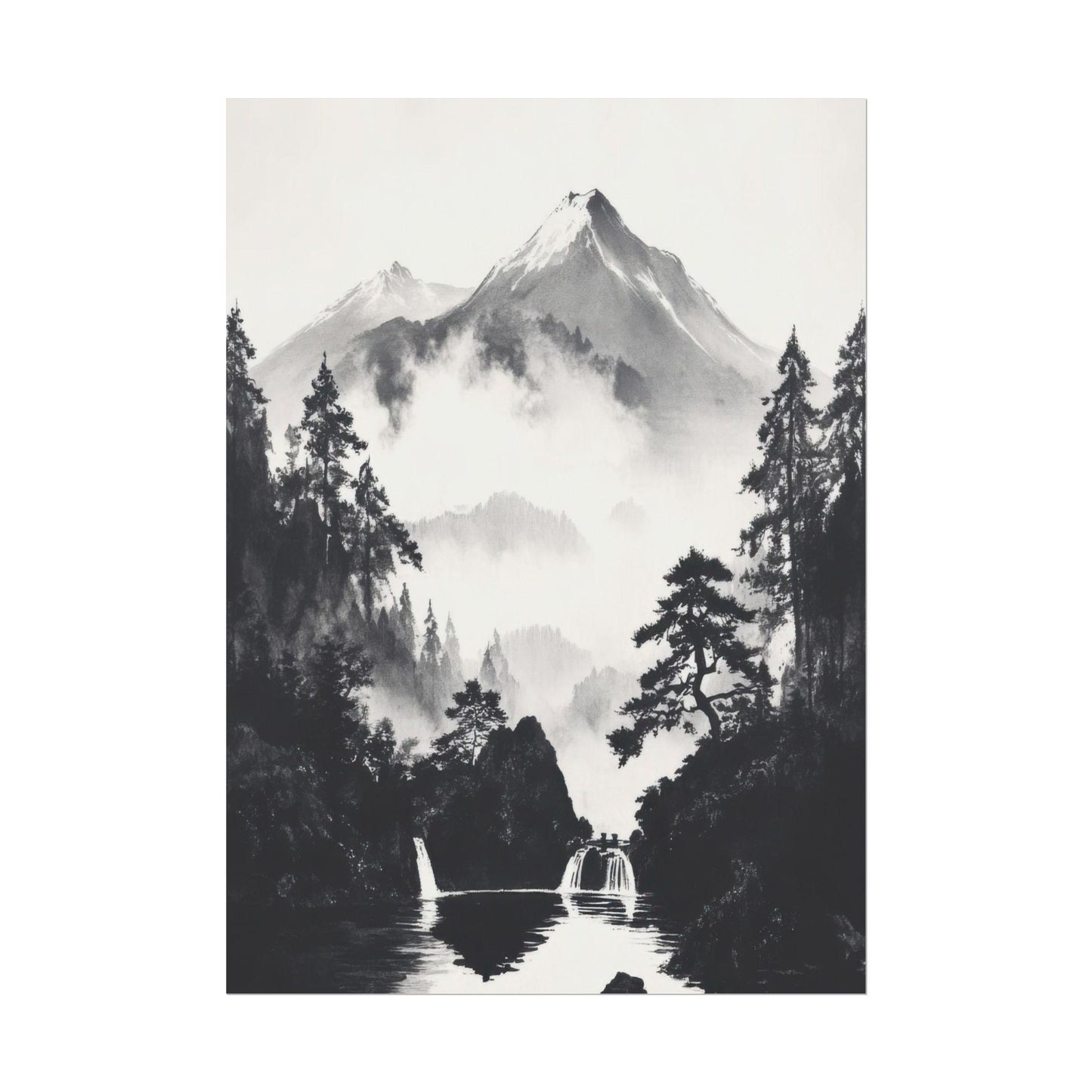 Black and White Japanese Nature Art - Serene Waterfalls in Misty Mountain Valley - Minimalist Landscape Print for Calm Decor