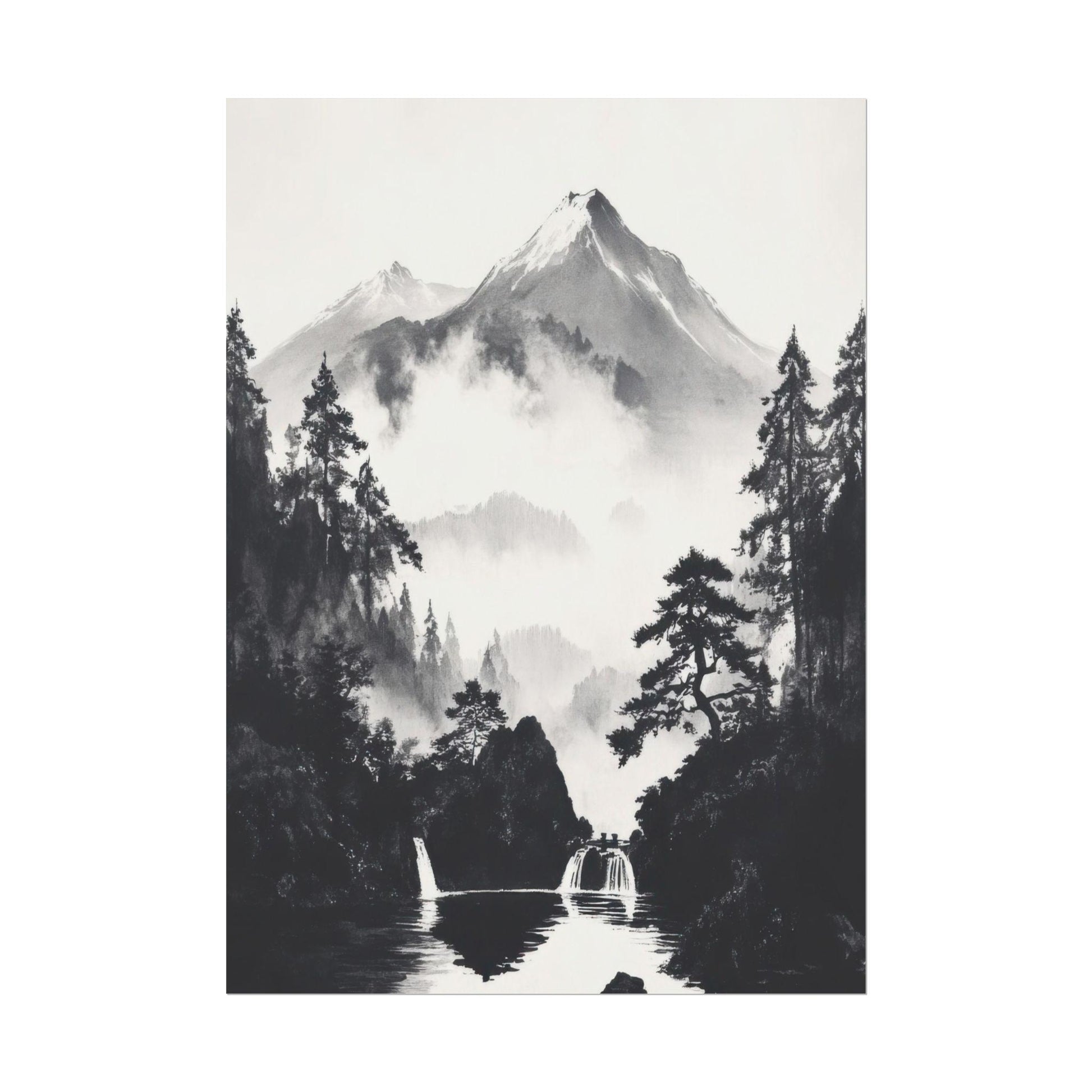Black and White Japanese Nature Art - Serene Waterfalls in Misty Mountain Valley - Minimalist Landscape Print for Calm Decor
