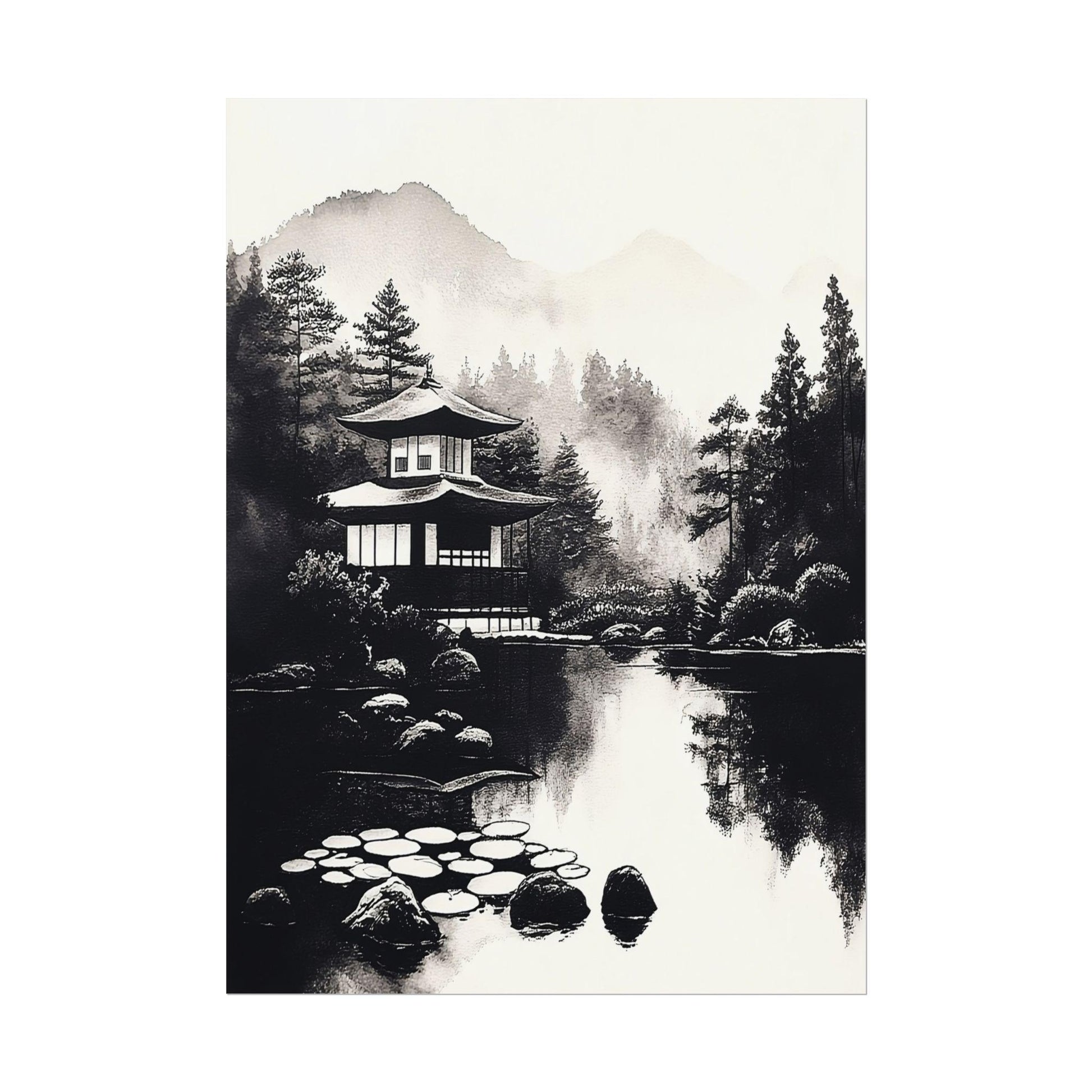 Black and White Zen Art - Tranquil Japanese Pavilion by Reflective Pond - Minimalist Landscape Print for Serene Home Decor