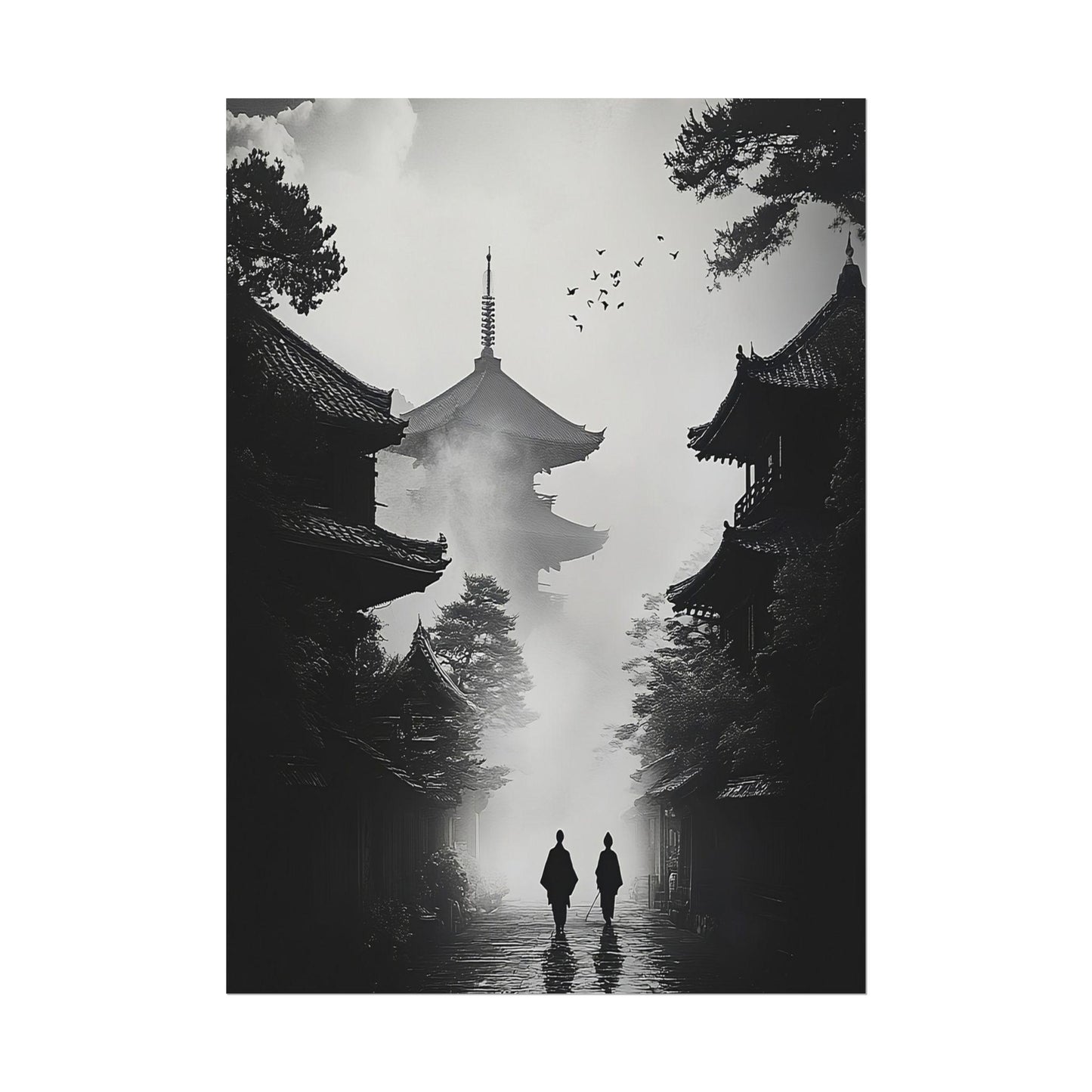 Black and White Zen Art - Monks Walking Towards Pagoda in Mist - Minimalist Japanese Print for Dramatic and Tranquil Deco