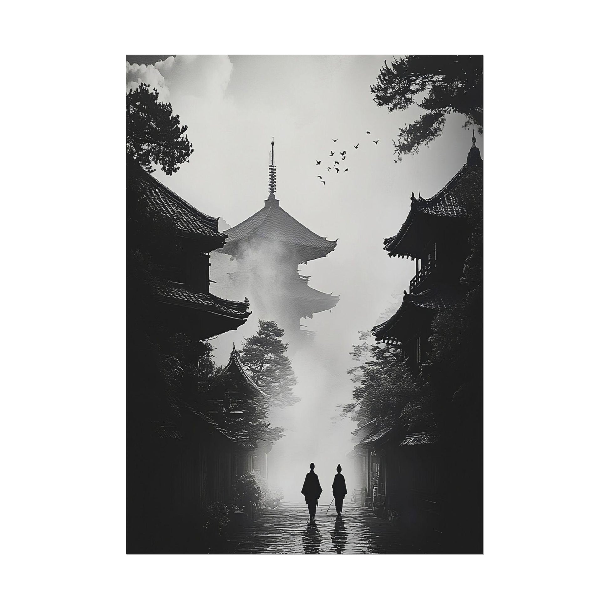 Black and White Zen Art - Monks Walking Towards Pagoda in Mist - Minimalist Japanese Print for Dramatic and Tranquil Deco