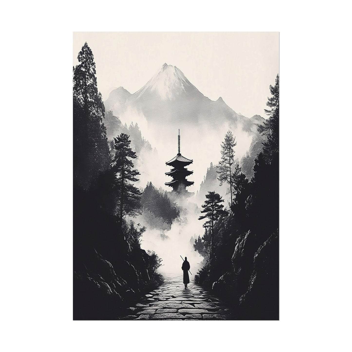 Black and White Zen Art - Monk Walking Path to Pagoda in Misty Mountains - Minimalist Landscape Print for Tranquil Home Decor