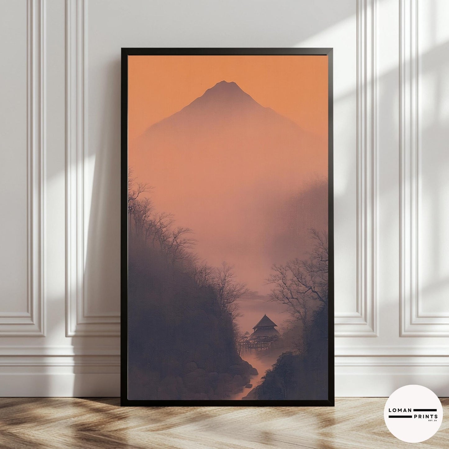 Golden Hour Mountain Valley Print – Japanese Cabin Wall Art in Misty Canyon for Minimal Zen Decor and Peaceful Interior Styling