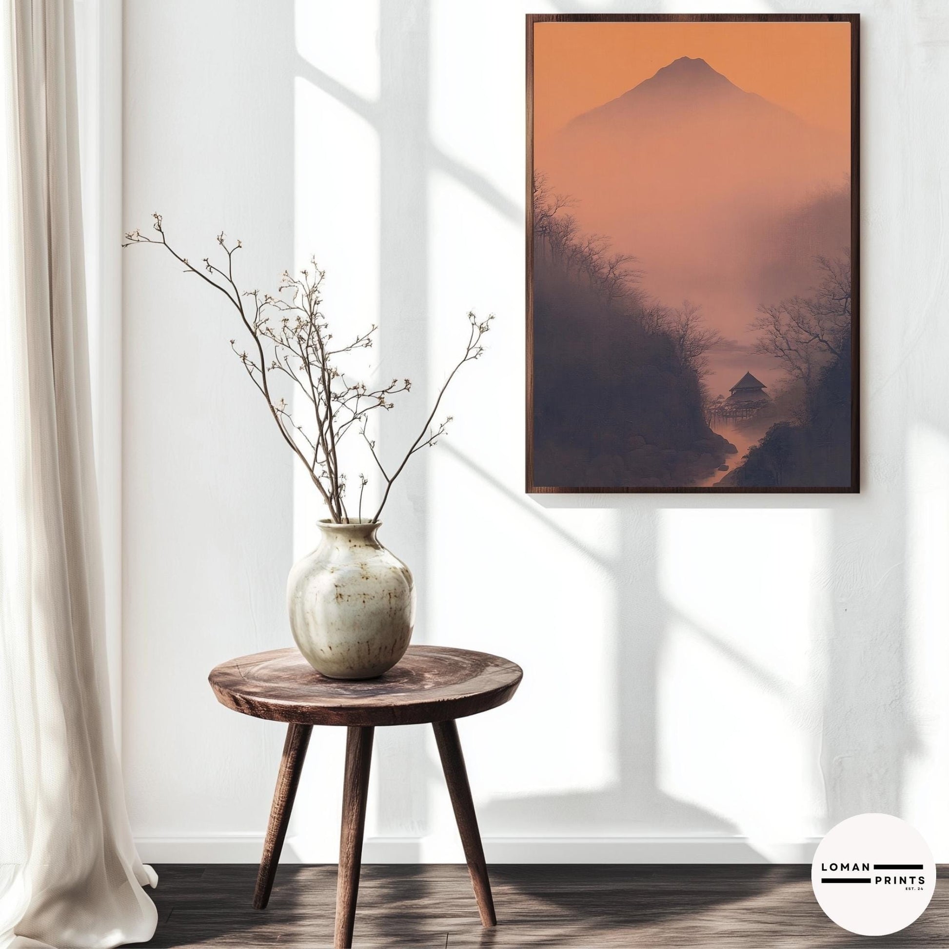 Golden Hour Mountain Valley Print – Japanese Cabin Wall Art in Misty Canyon for Minimal Zen Decor and Peaceful Interior Styling