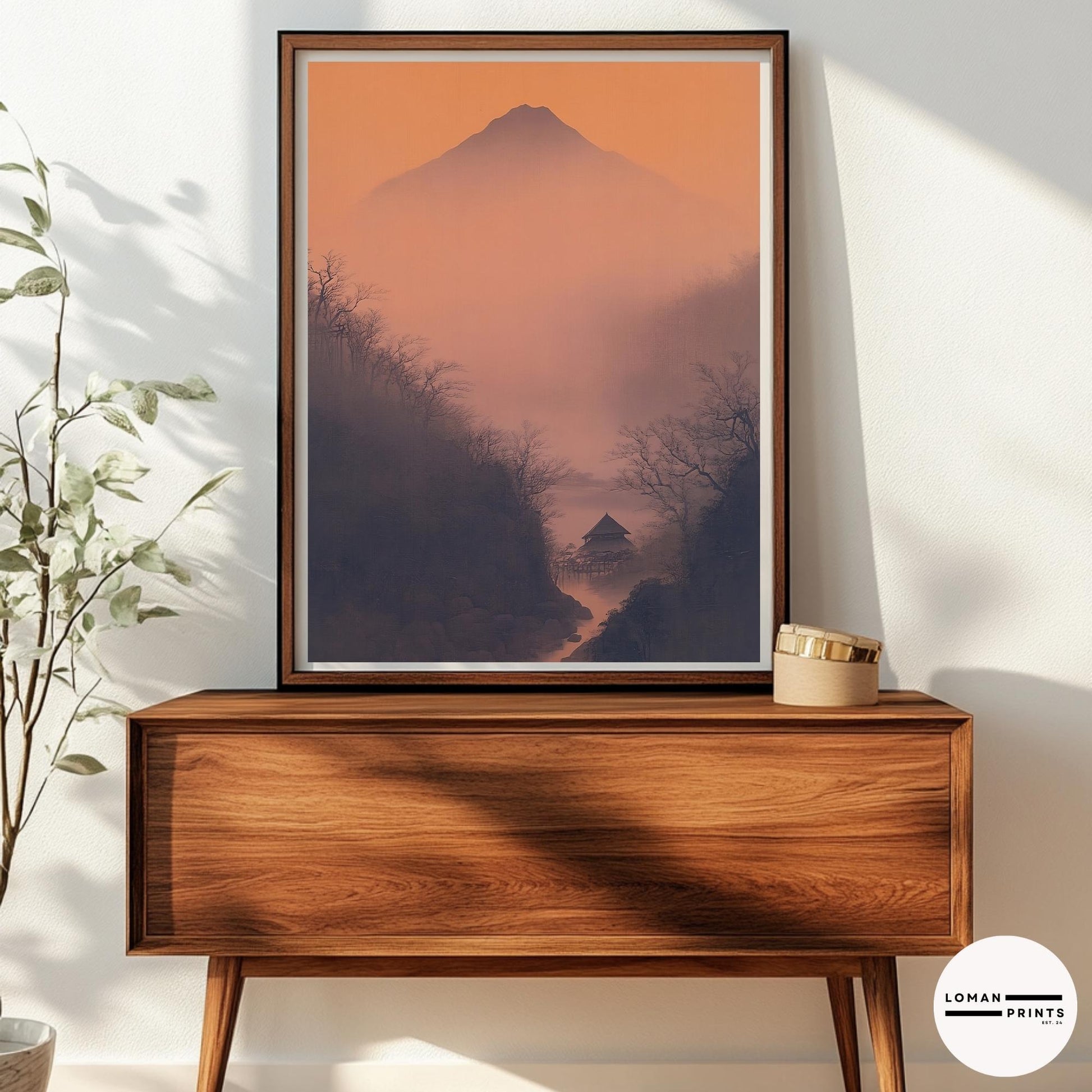 Golden Hour Mountain Valley Print – Japanese Cabin Wall Art in Misty Canyon for Minimal Zen Decor and Peaceful Interior Styling