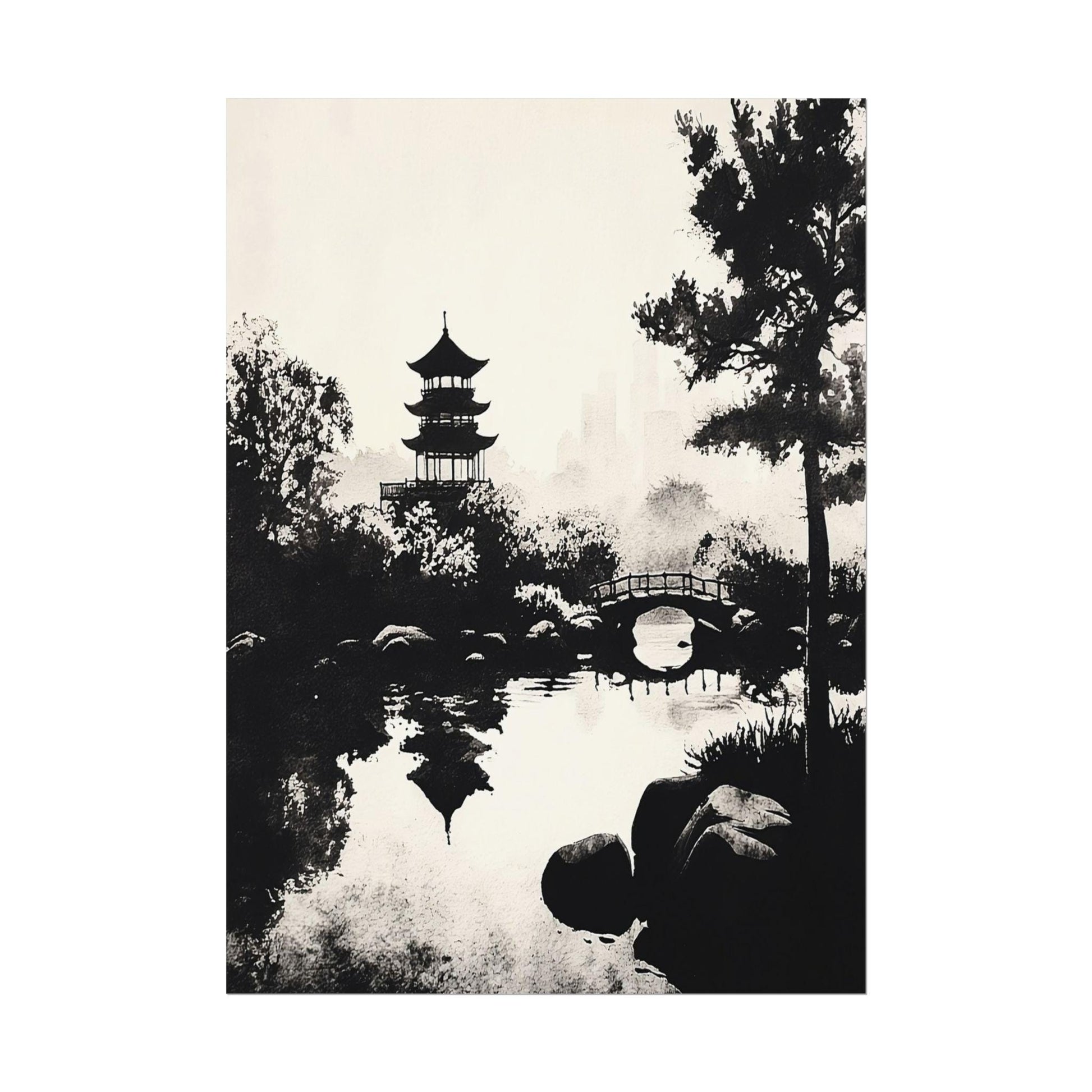 Black and White Zen Nature Art - Pagoda and Bridge Over Reflective Water - Minimalist Landscape Print for Tranquil Decor
