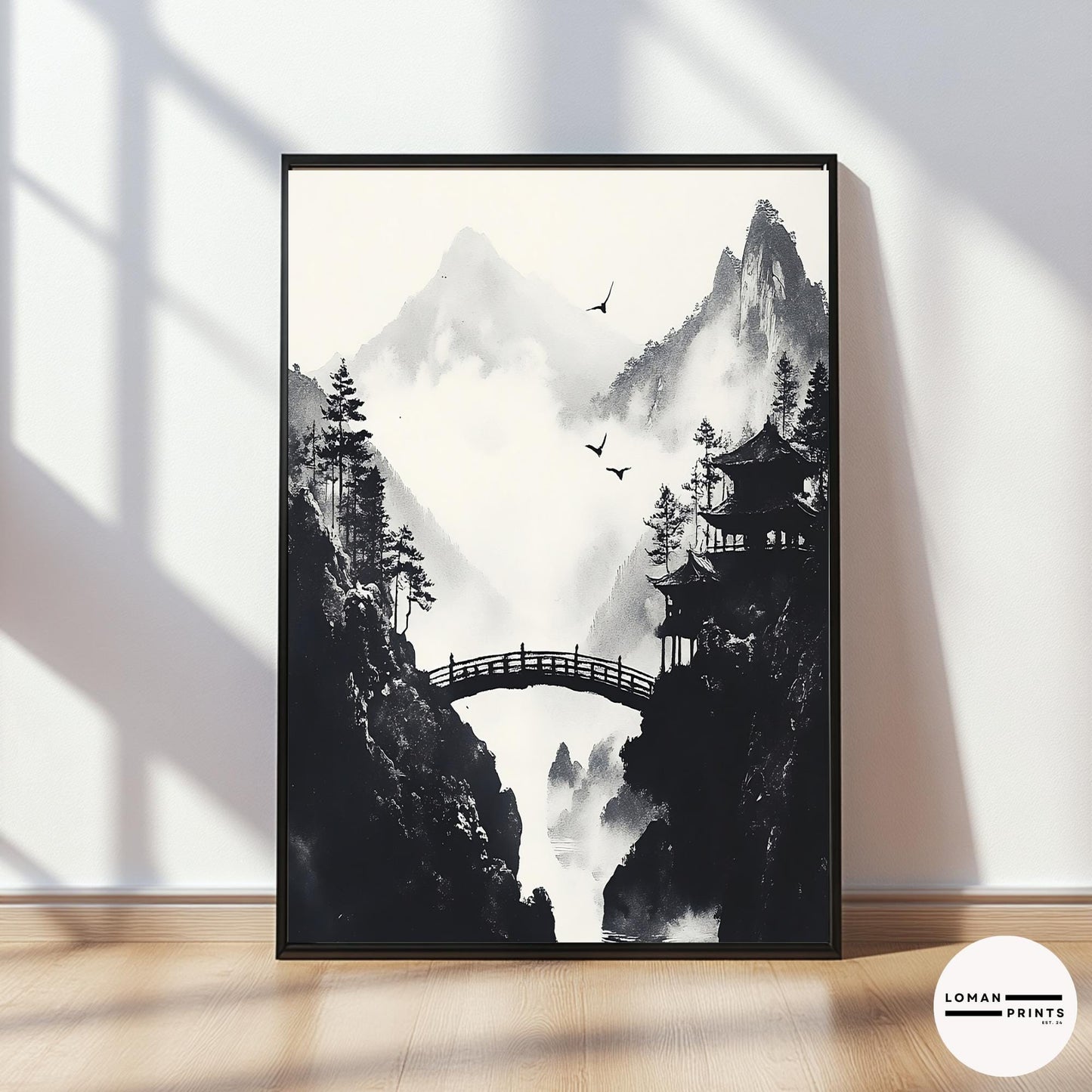 Black and White Zen Nature Art - Japanese Pavilion with Arched Bridge - Minimalist Landscape Print for Peaceful Home Decor