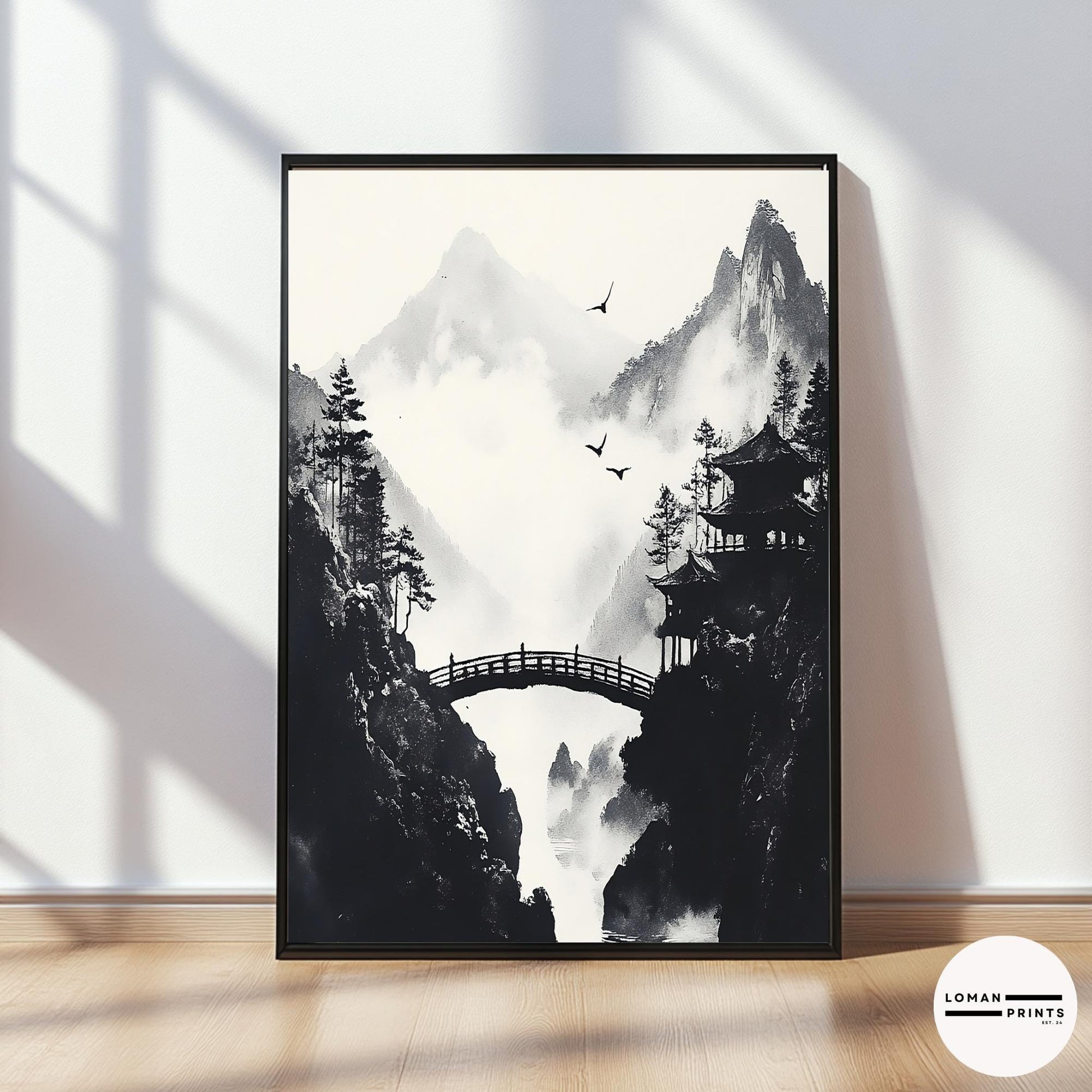 Black and White Zen Nature Art - Japanese Pavilion with Arched Bridge - Minimalist Landscape Print for Peaceful Home Decor