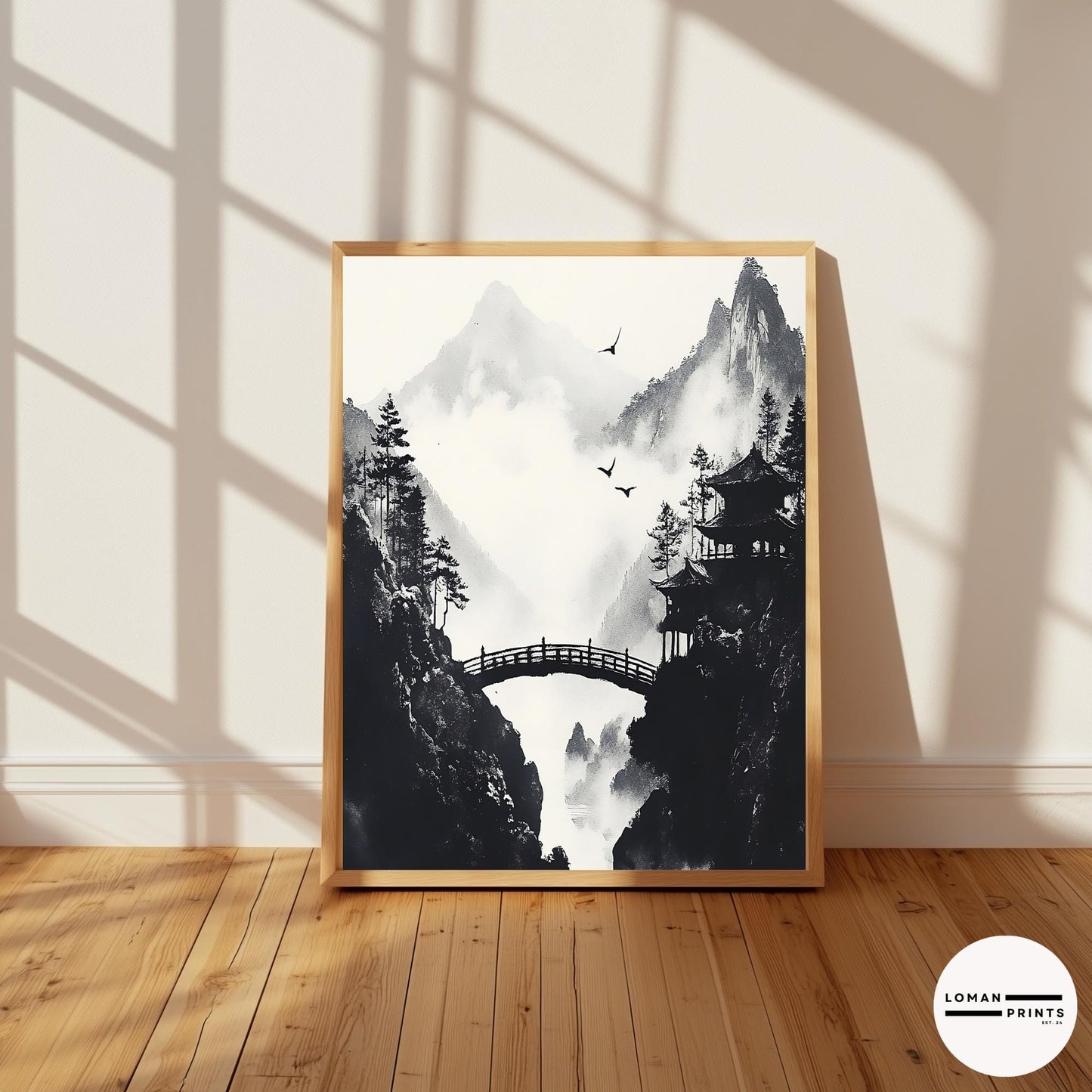 Black and White Zen Nature Art - Japanese Pavilion with Arched Bridge - Minimalist Landscape Print for Peaceful Home Decor
