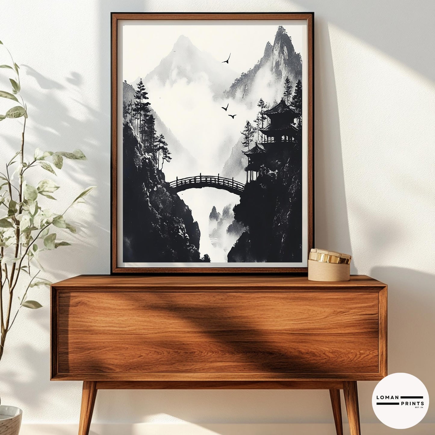 Black and White Zen Nature Art - Japanese Pavilion with Arched Bridge - Minimalist Landscape Print for Peaceful Home Decor