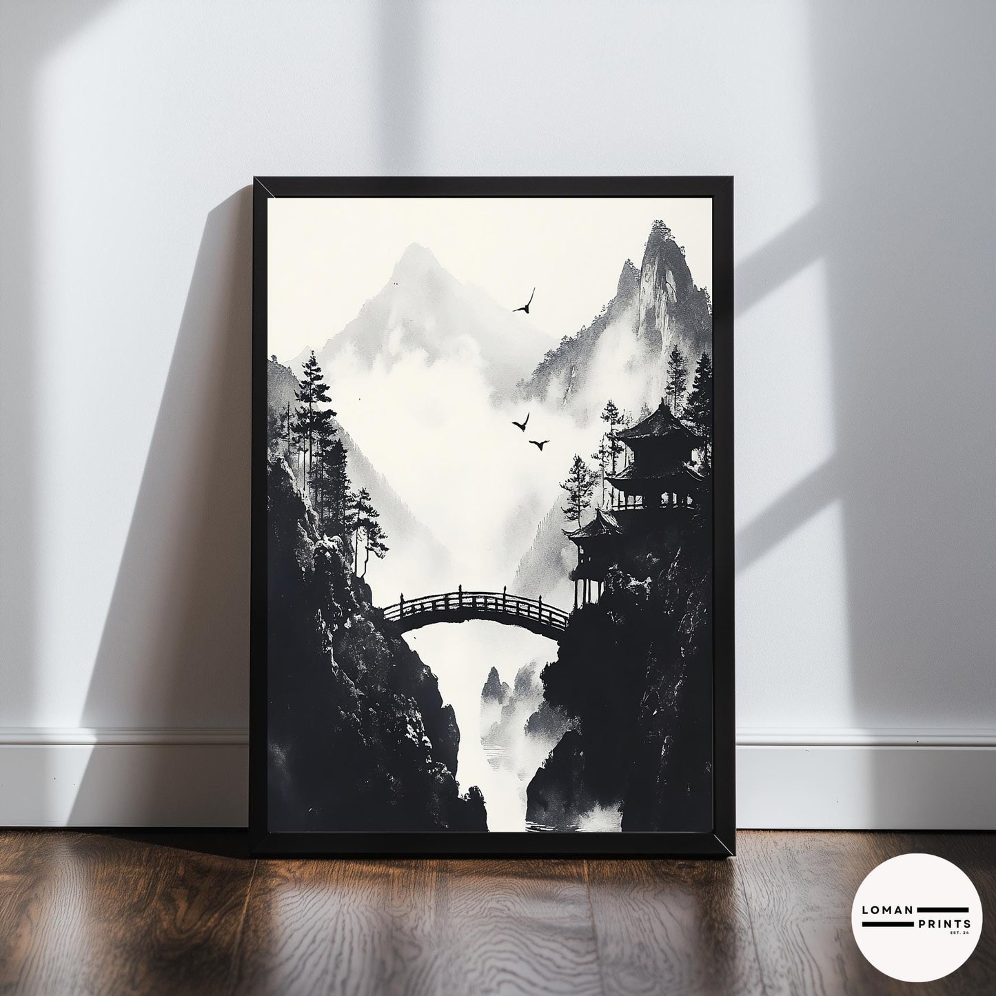Black and White Zen Nature Art - Japanese Pavilion with Arched Bridge - Minimalist Landscape Print for Peaceful Home Decor