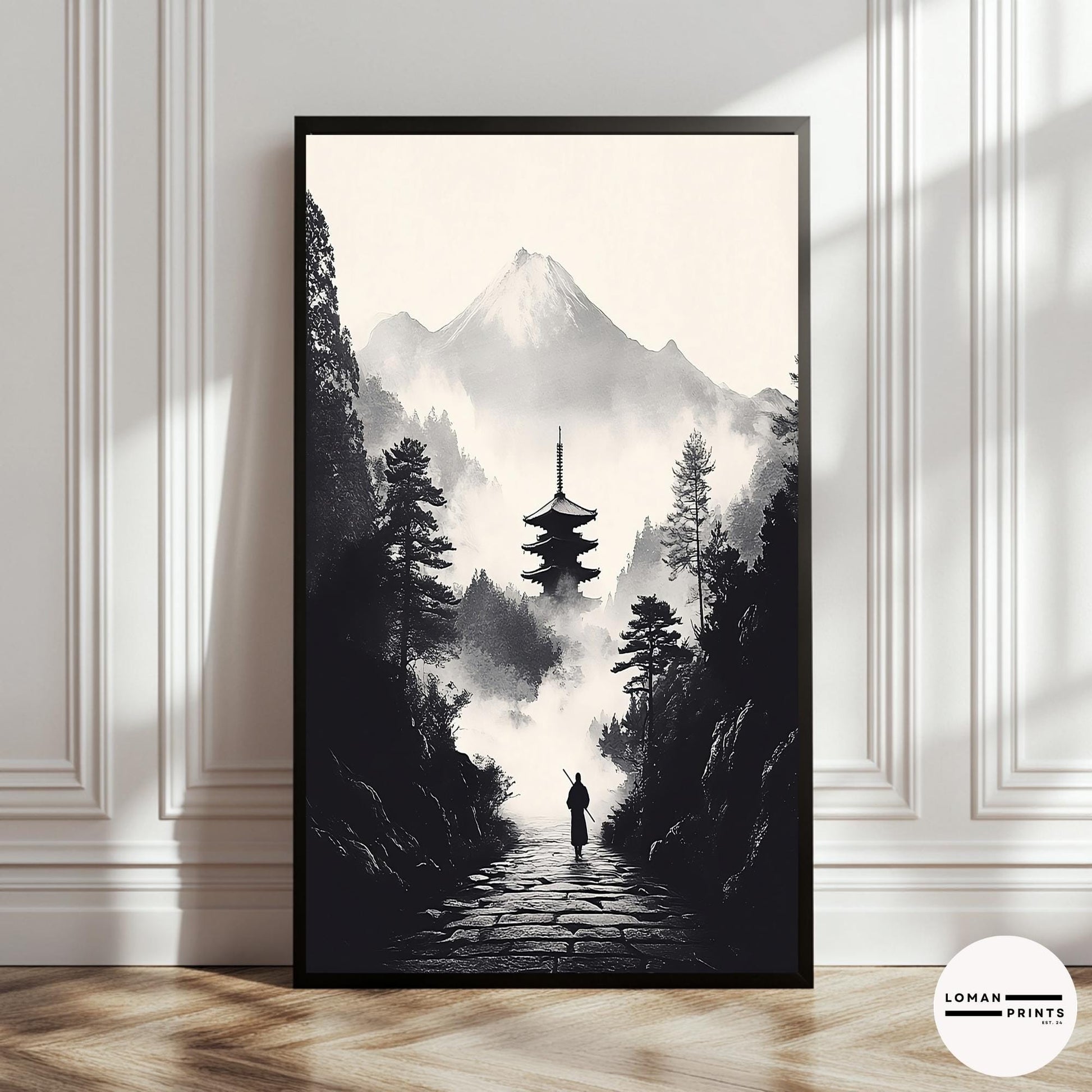 Black and White Zen Art - Monk Walking Path to Pagoda in Misty Mountains - Minimalist Landscape Print for Tranquil Home Decor