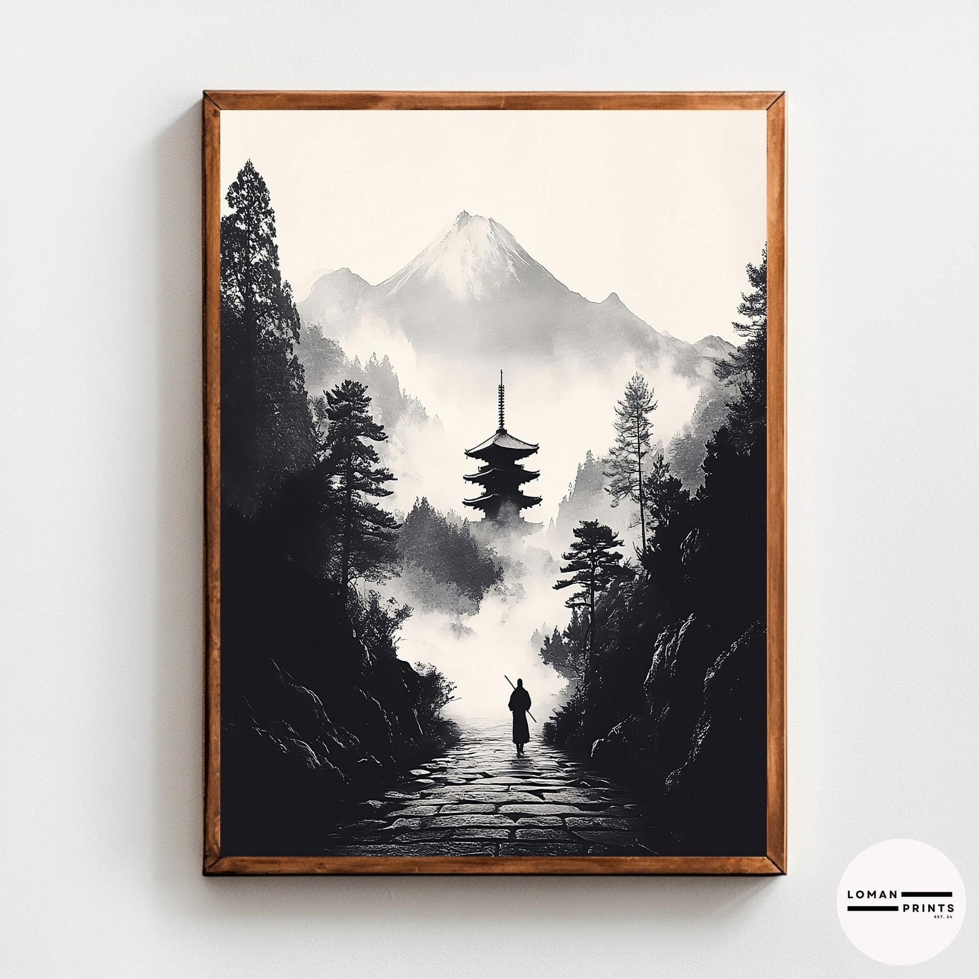 Black and White Zen Art - Monk Walking Path to Pagoda in Misty Mountains - Minimalist Landscape Print for Tranquil Home Decor