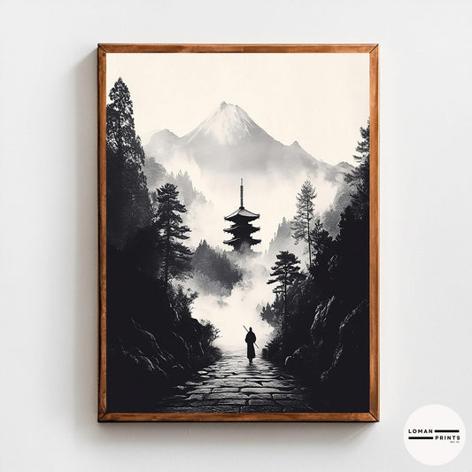 Black and White Zen Art - Monk Walking Path to Pagoda in Misty Mountains - Minimalist Landscape Print for Tranquil Home Decor