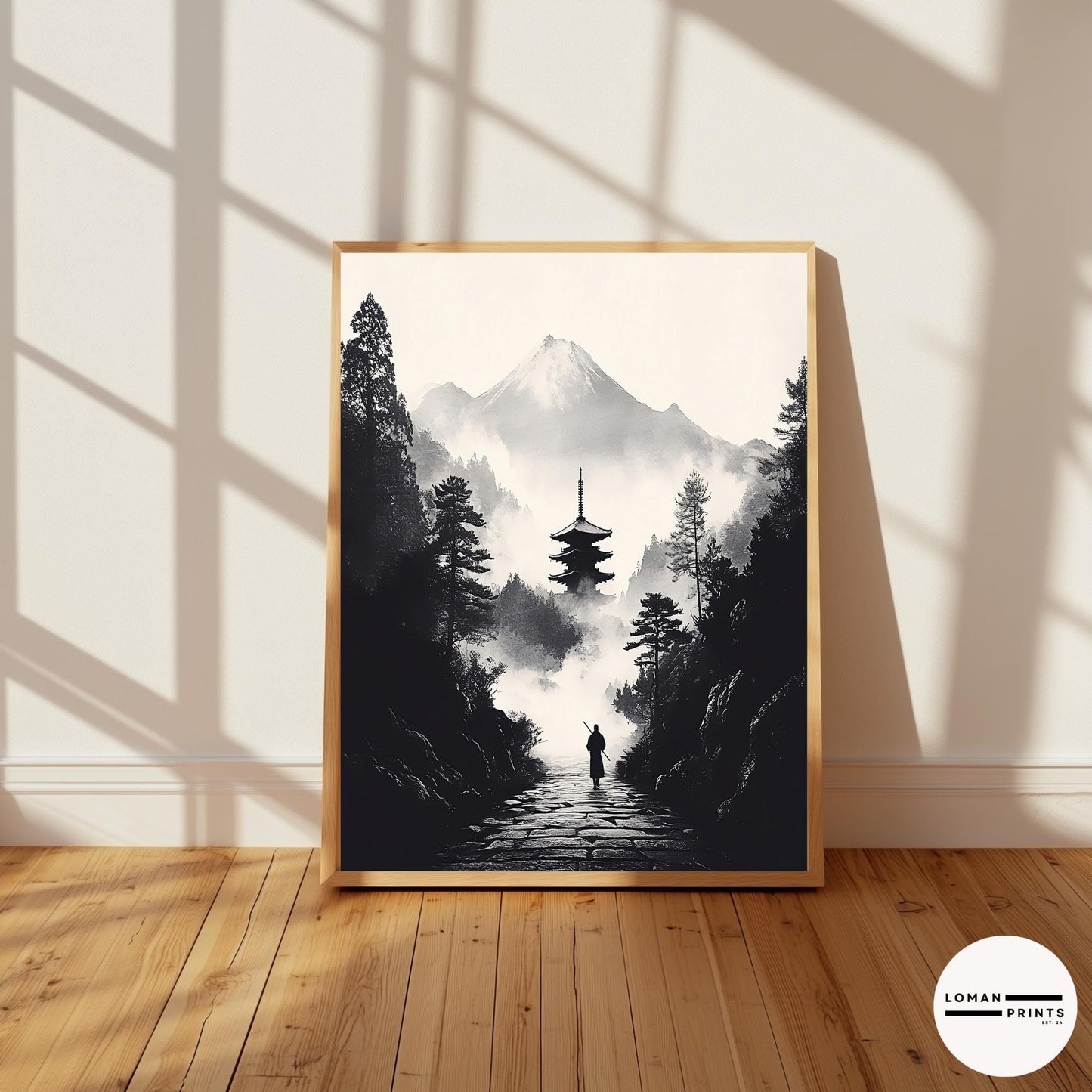 Black and White Zen Art - Monk Walking Path to Pagoda in Misty Mountains - Minimalist Landscape Print for Tranquil Home Decor