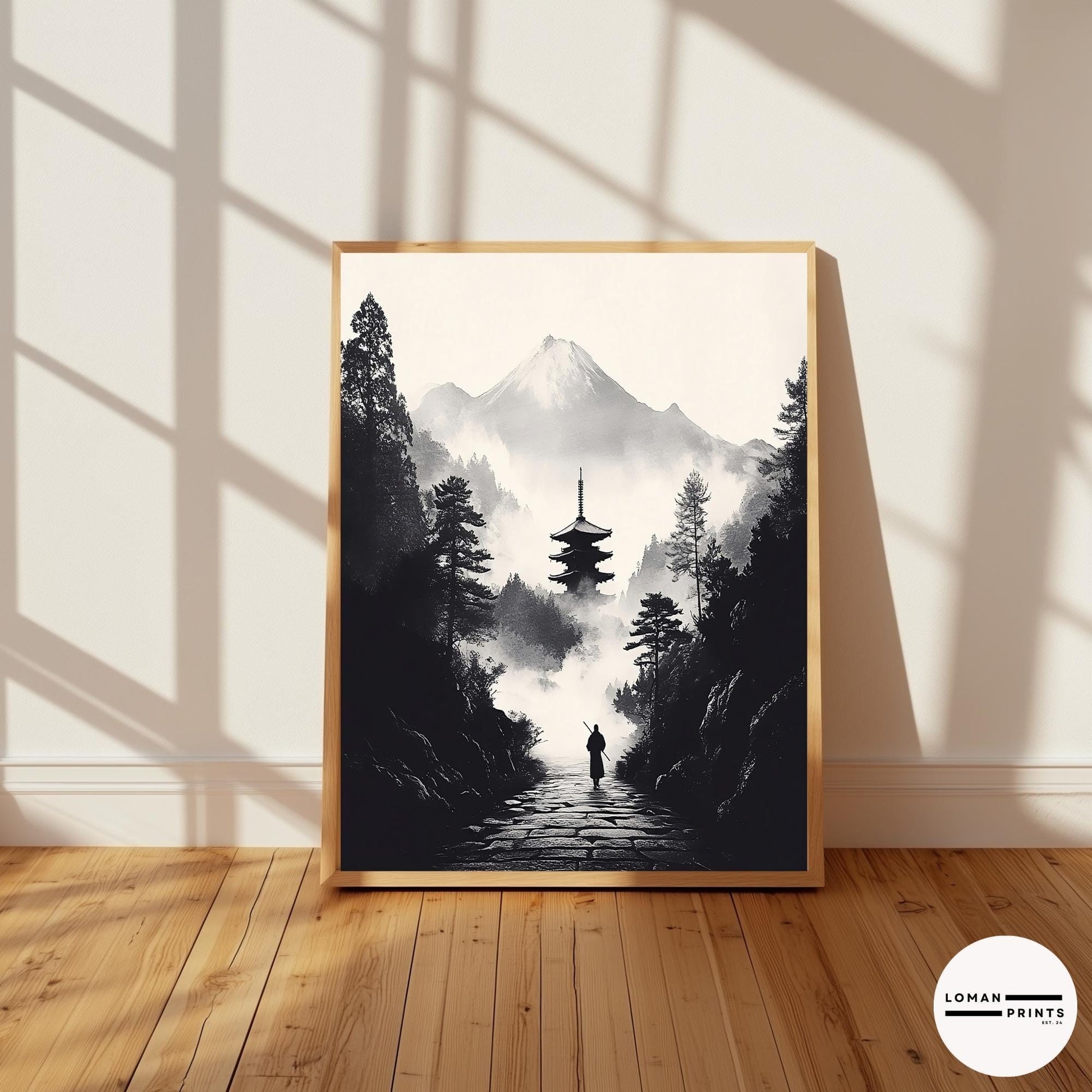 Black and White Zen Art - Monk Walking Path to Pagoda in Misty Mountains - Minimalist Landscape Print for Tranquil Home Decor