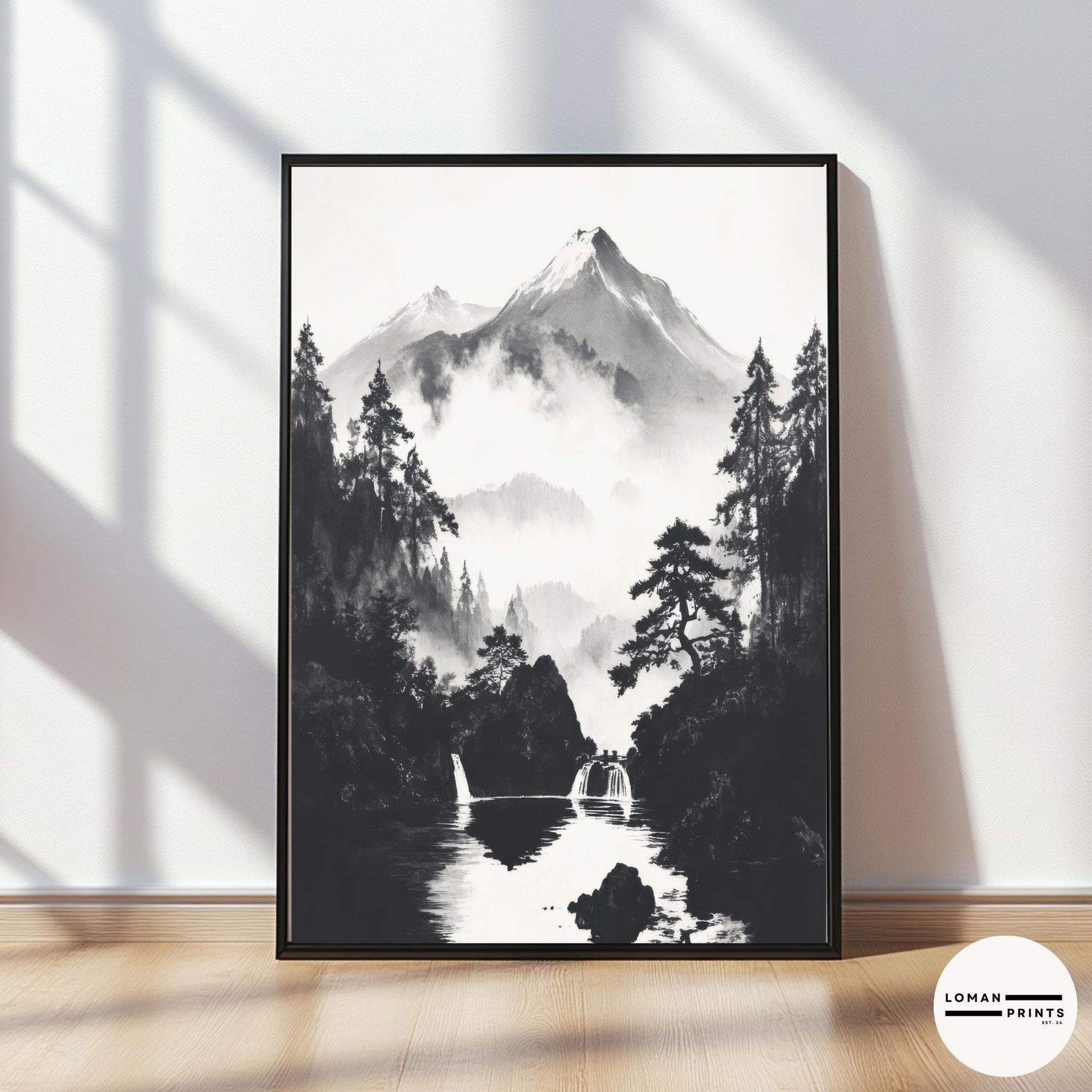Black and White Japanese Nature Art - Serene Waterfalls in Misty Mountain Valley - Minimalist Landscape Print for Calm Decor
