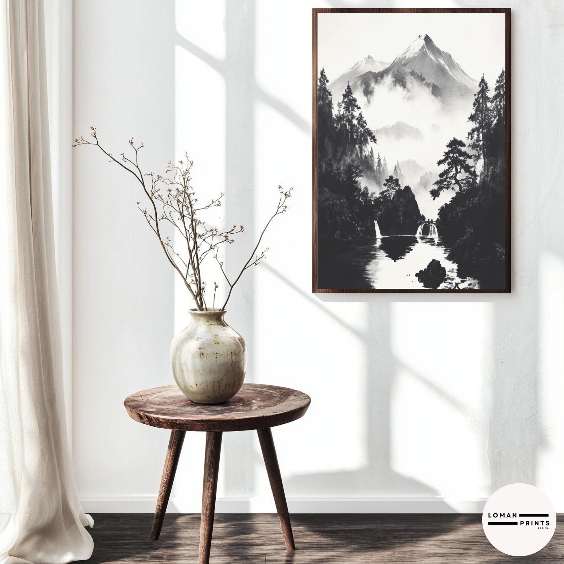 Black and White Japanese Nature Art - Serene Waterfalls in Misty Mountain Valley - Minimalist Landscape Print for Calm Decor