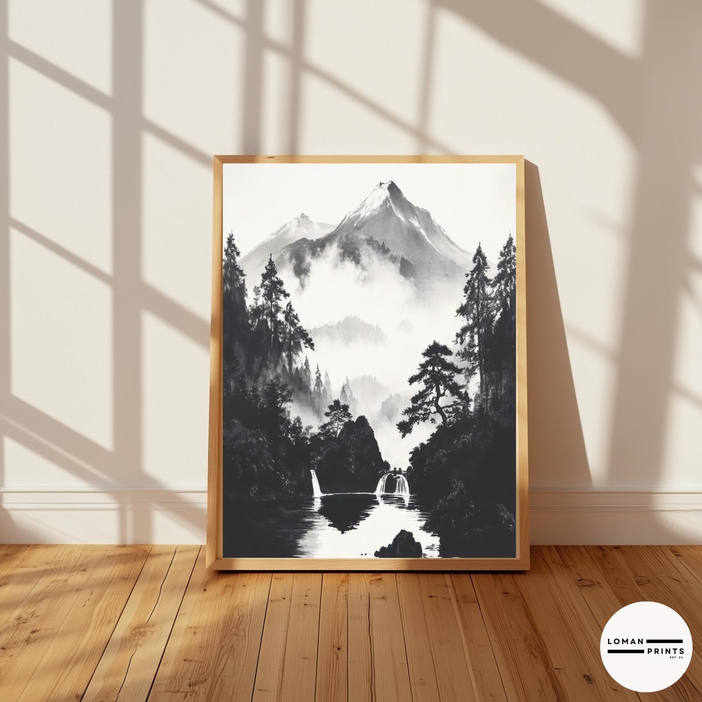 Black and White Japanese Nature Art - Serene Waterfalls in Misty Mountain Valley - Minimalist Landscape Print for Calm Decor
