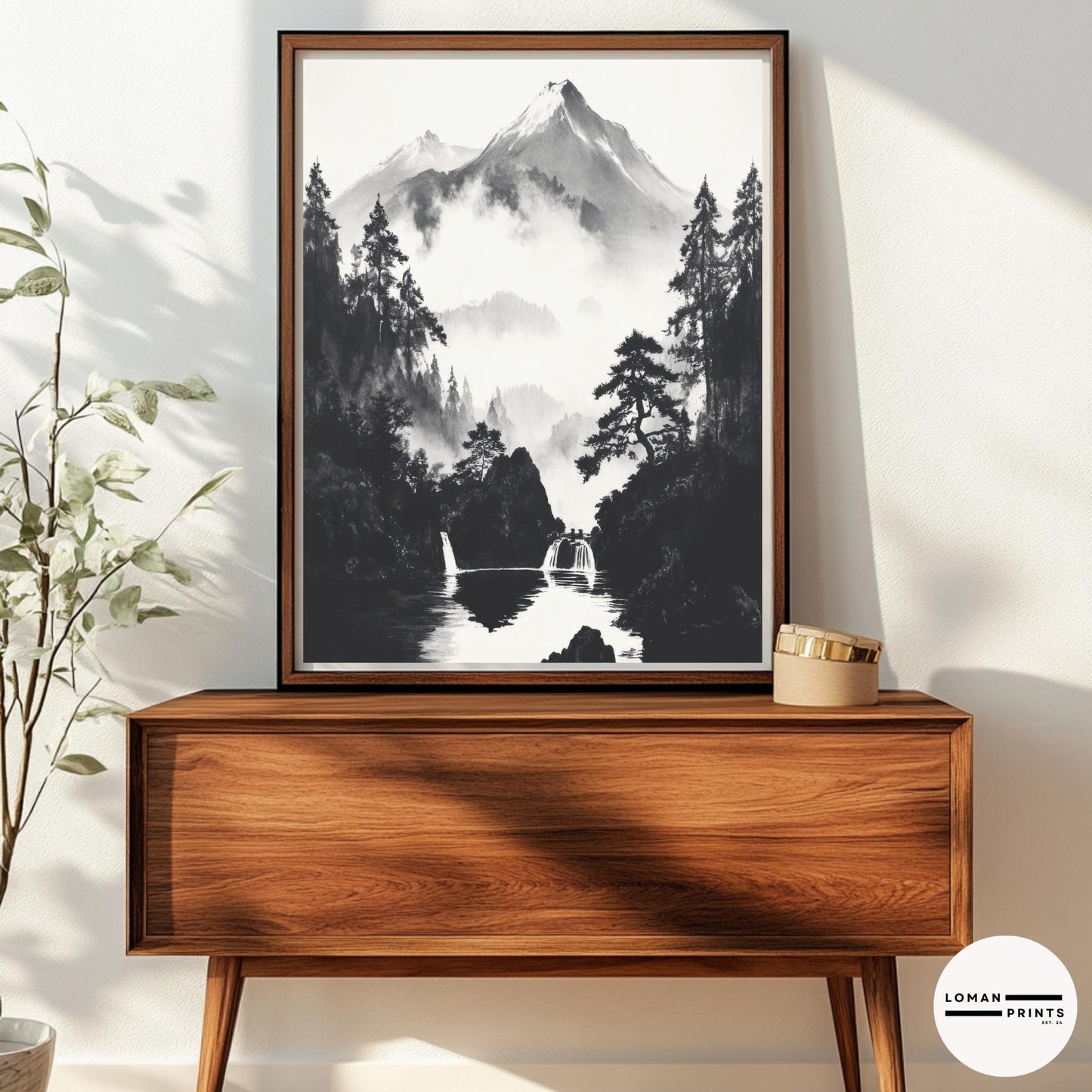 Black and White Japanese Nature Art - Serene Waterfalls in Misty Mountain Valley - Minimalist Landscape Print for Calm Decor