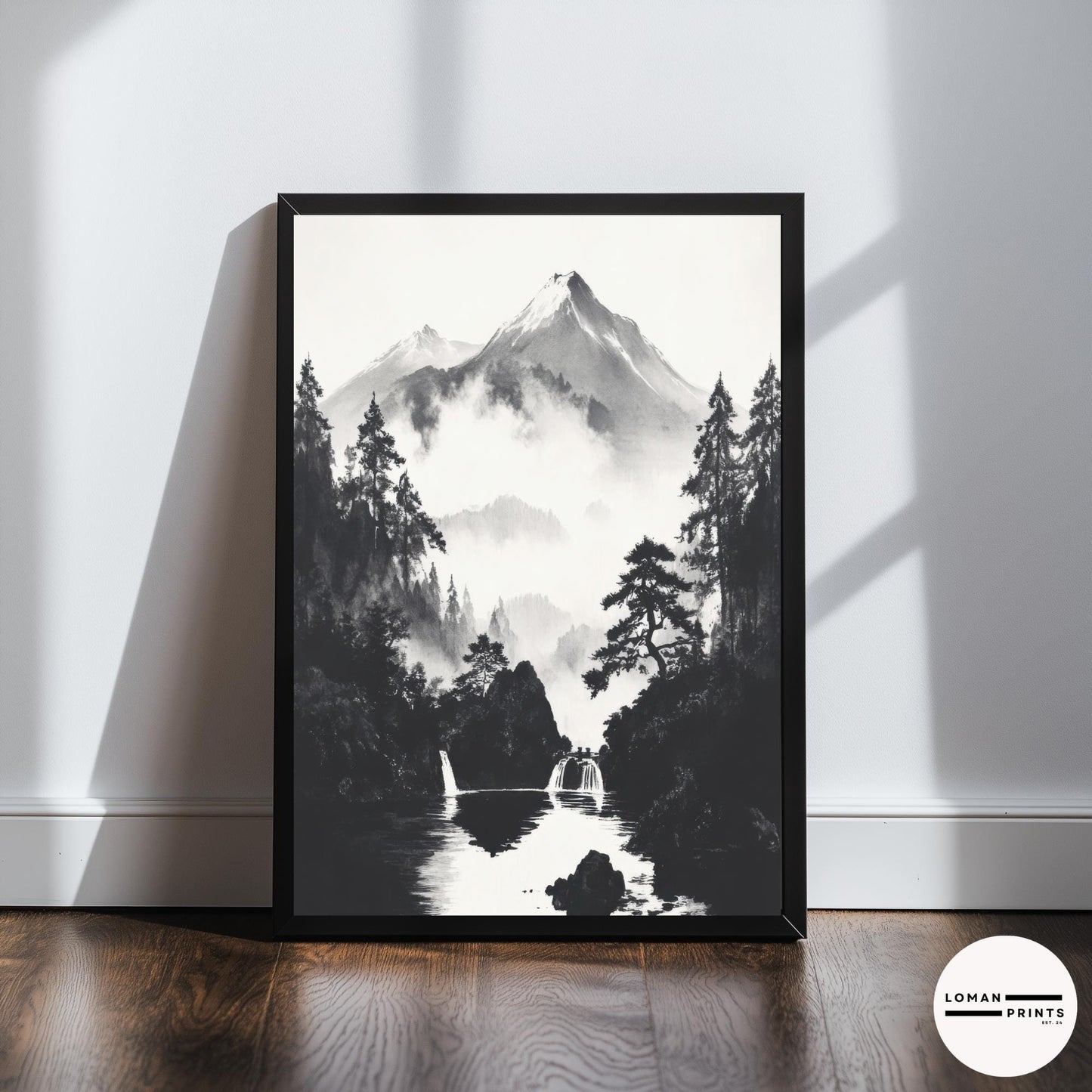 Black and White Japanese Nature Art - Serene Waterfalls in Misty Mountain Valley - Minimalist Landscape Print for Calm Decor