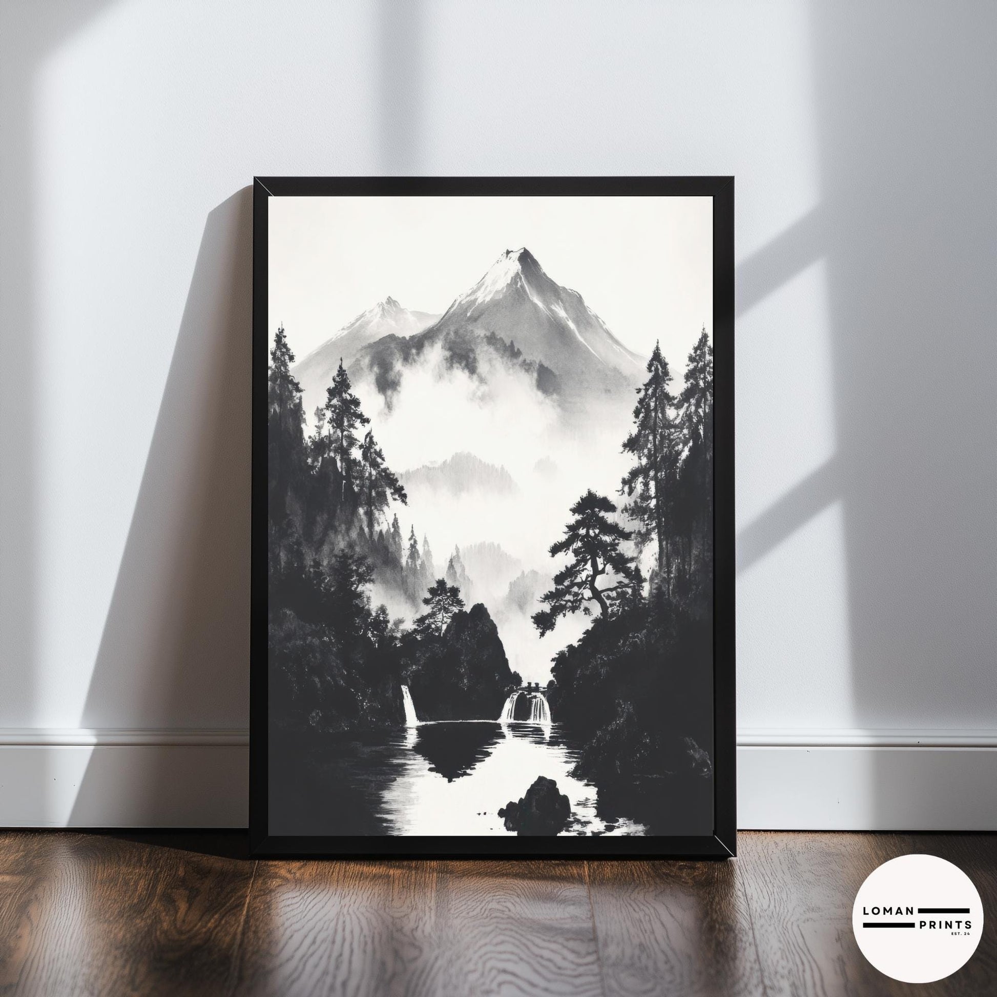 Black and White Japanese Nature Art - Serene Waterfalls in Misty Mountain Valley - Minimalist Landscape Print for Calm Decor