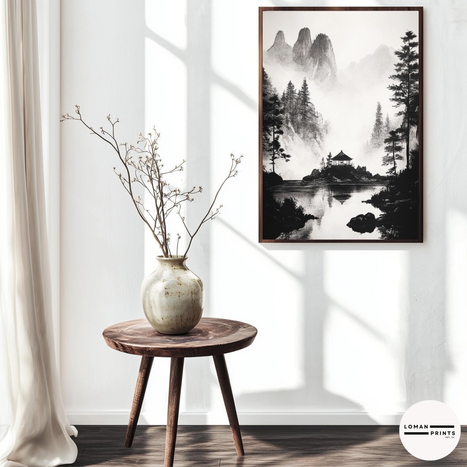 Black and White Japanese Zen Art - Secluded Pavilion in Misty Mountains - Minimalist Landscape Print for Meditation Room Decor