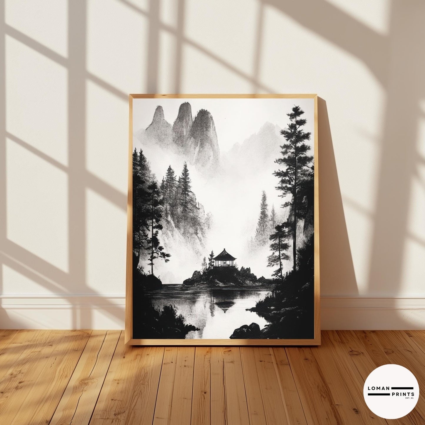 Black and White Japanese Zen Art - Secluded Pavilion in Misty Mountains - Minimalist Landscape Print for Meditation Room Decor