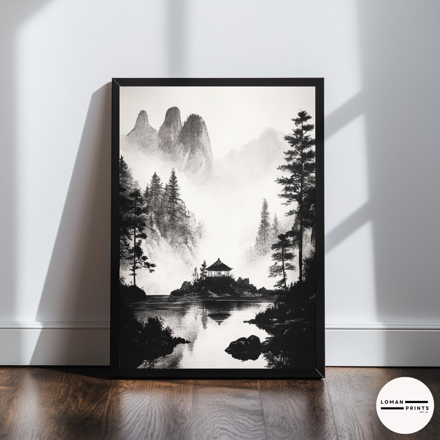 Black and White Japanese Zen Art - Secluded Pavilion in Misty Mountains - Minimalist Landscape Print for Meditation Room Decor