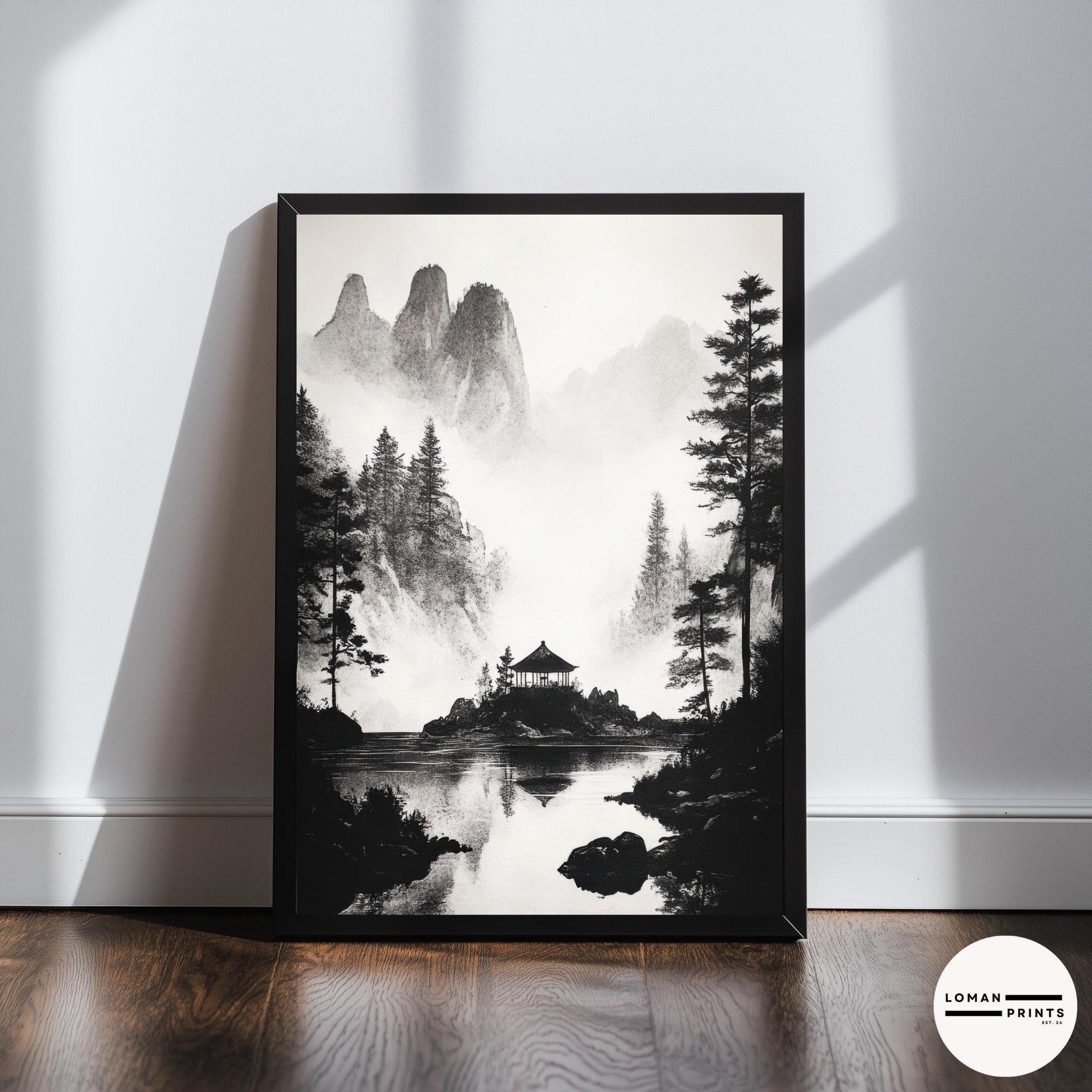 Black and White Japanese Zen Art - Secluded Pavilion in Misty Mountains - Minimalist Landscape Print for Meditation Room Decor