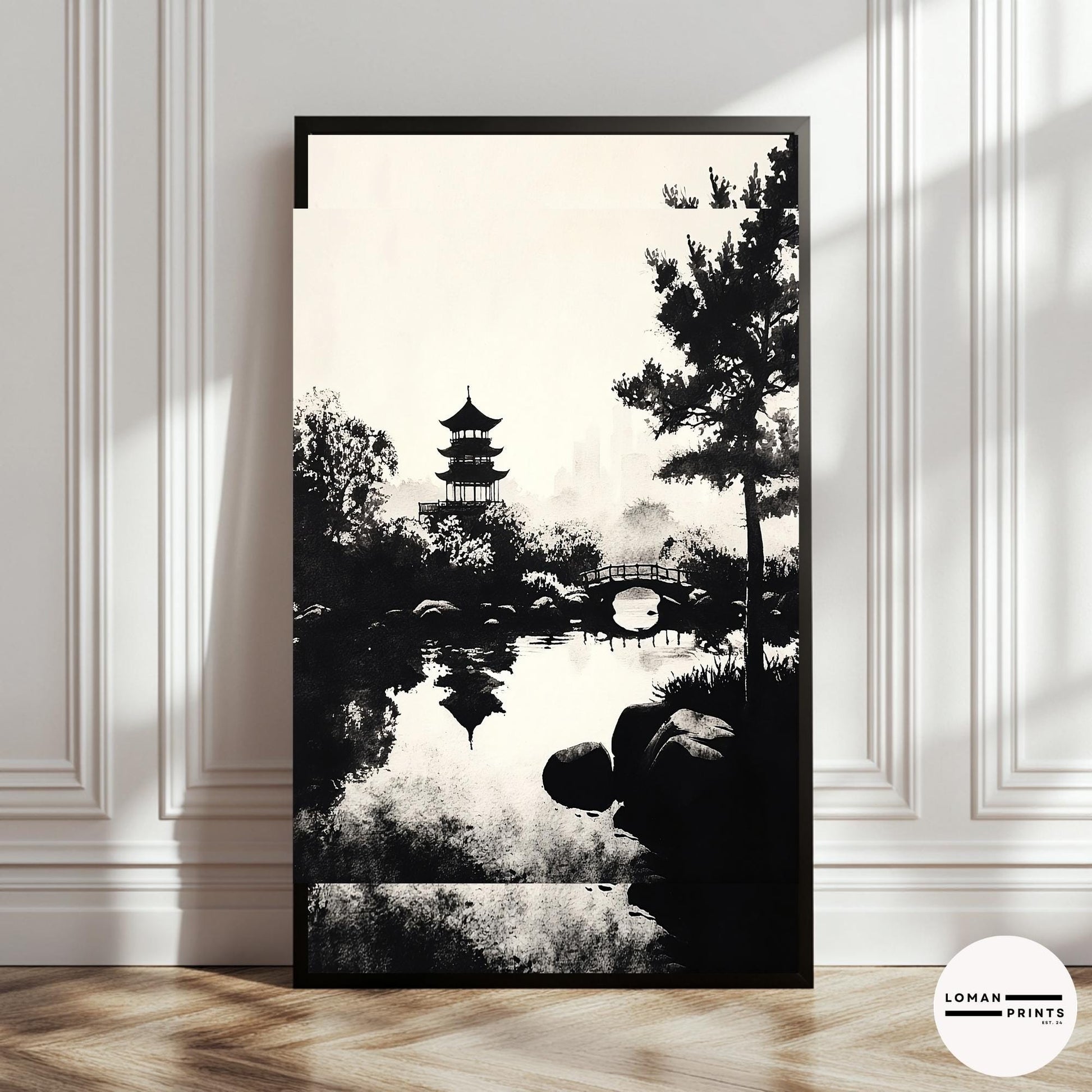 Black and White Zen Nature Art - Pagoda and Bridge Over Reflective Water - Minimalist Landscape Print for Tranquil Decor
