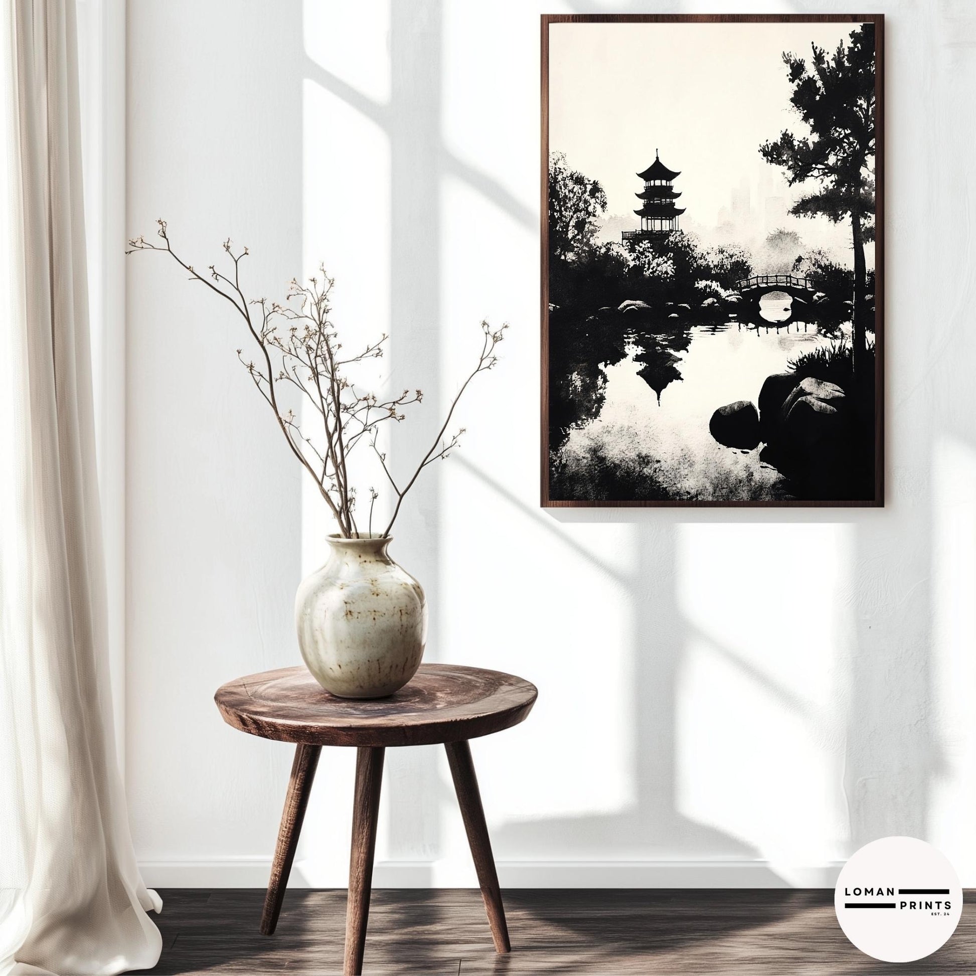 Black and White Zen Nature Art - Pagoda and Bridge Over Reflective Water - Minimalist Landscape Print for Tranquil Decor