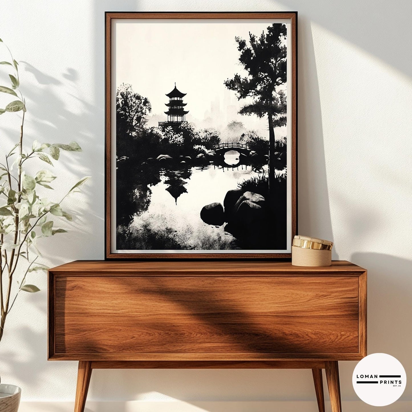 Black and White Zen Nature Art - Pagoda and Bridge Over Reflective Water - Minimalist Landscape Print for Tranquil Decor