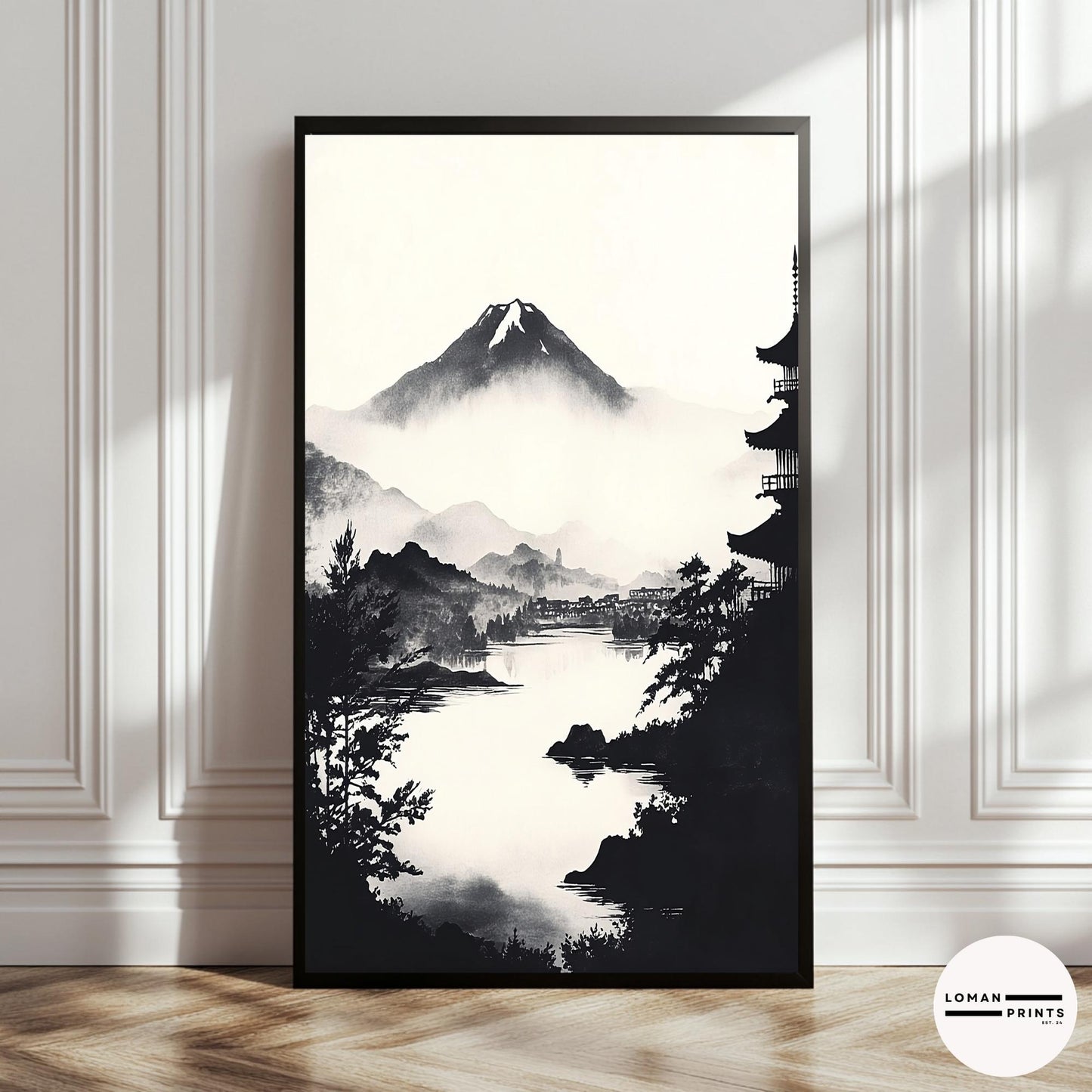 Black and White Zen Landscape Art - Misty Lake View with Distant Pagoda - Minimalist Japanese Print for Serene Home Decor