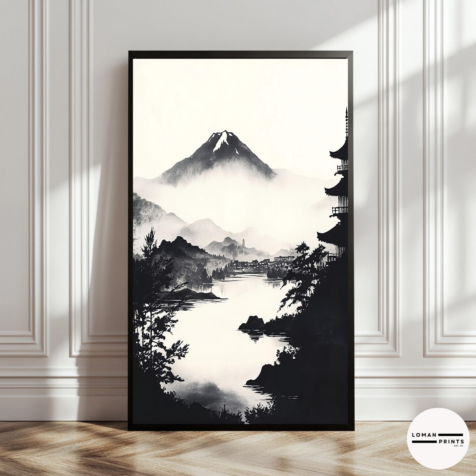 Black and White Zen Landscape Art - Misty Lake View with Distant Pagoda - Minimalist Japanese Print for Serene Home Decor