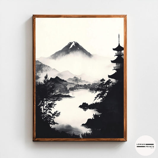 Black and White Zen Landscape Art - Misty Lake View with Distant Pagoda - Minimalist Japanese Print for Serene Home Decor