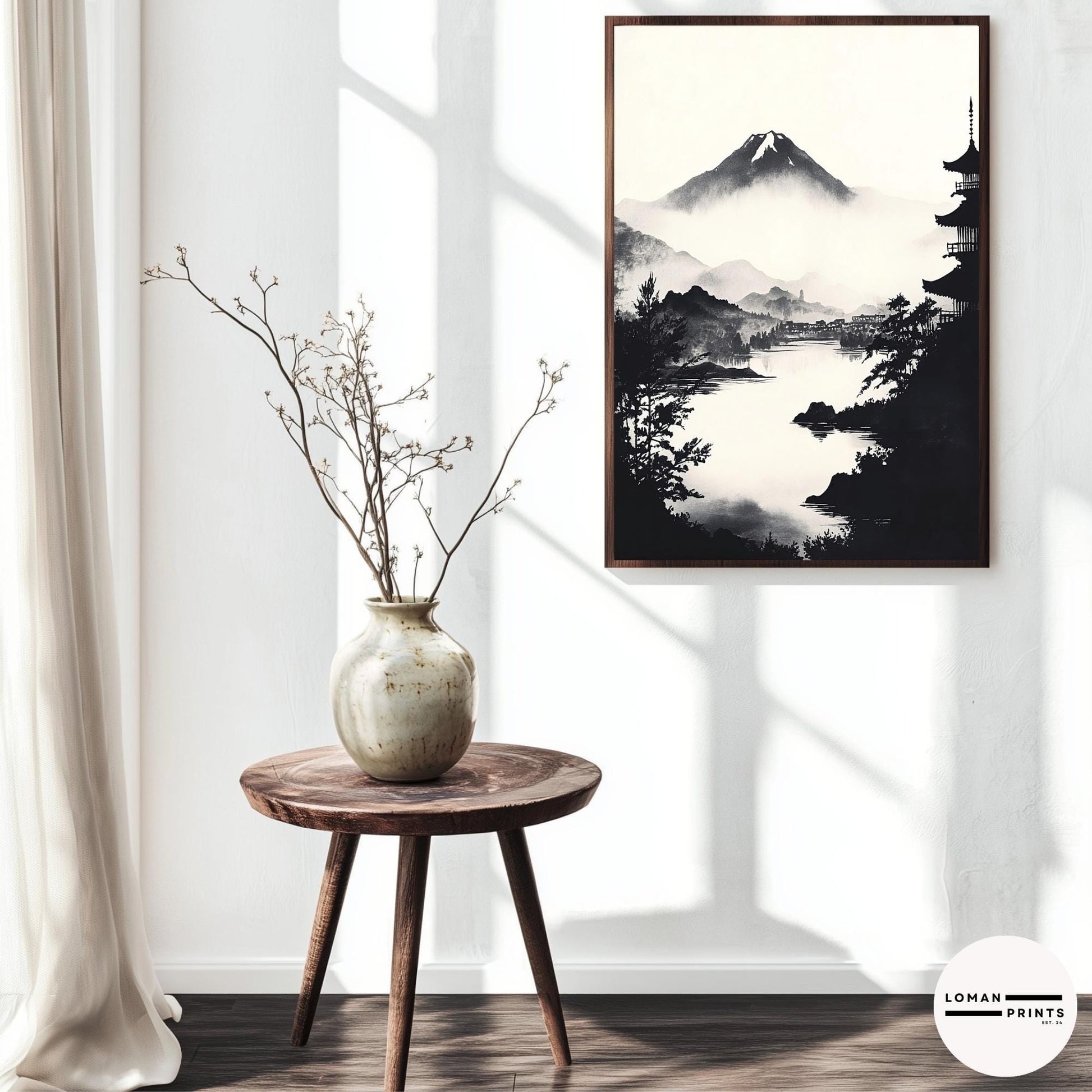Black and White Zen Landscape Art - Misty Lake View with Distant Pagoda - Minimalist Japanese Print for Serene Home Decor