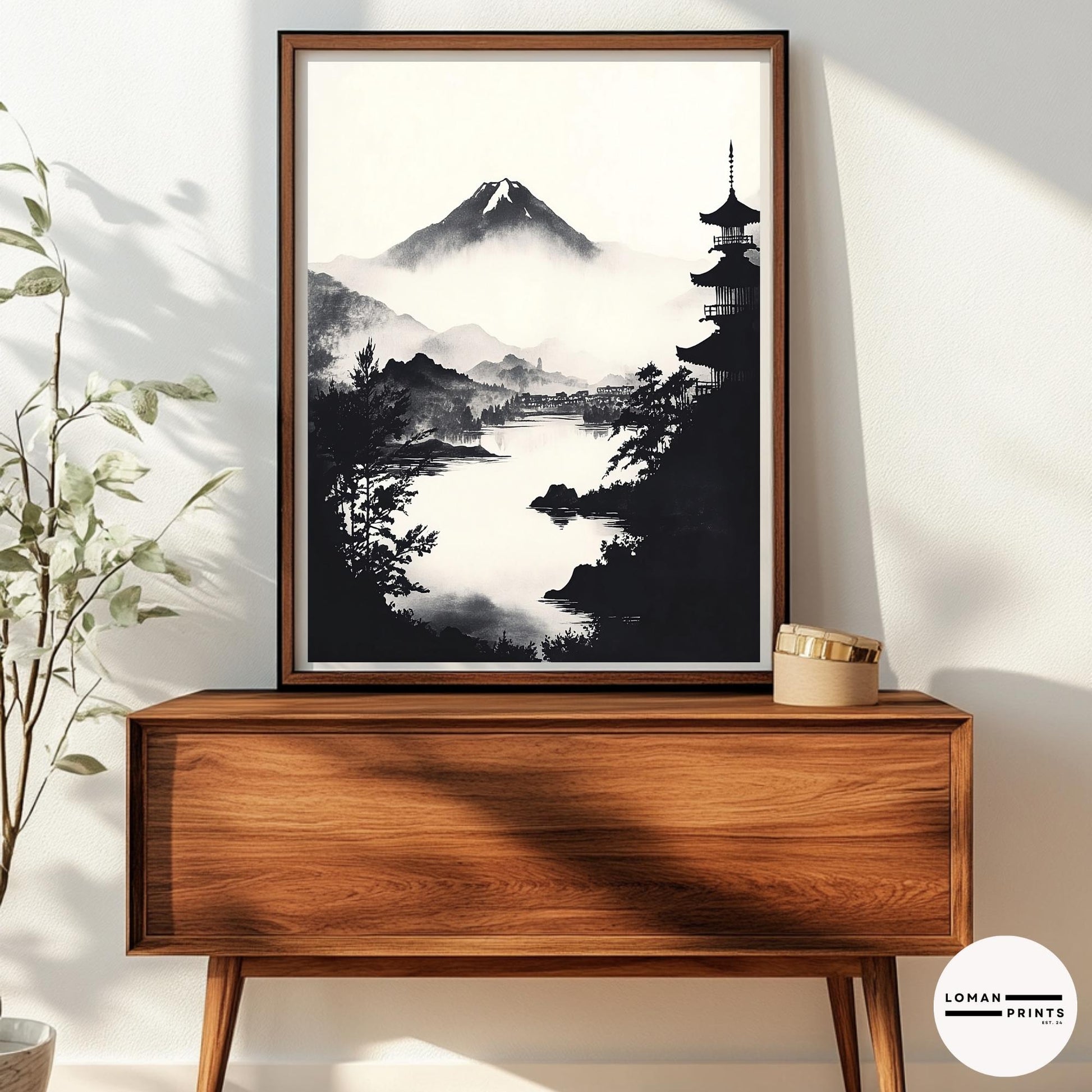 Black and White Zen Landscape Art - Misty Lake View with Distant Pagoda - Minimalist Japanese Print for Serene Home Decor