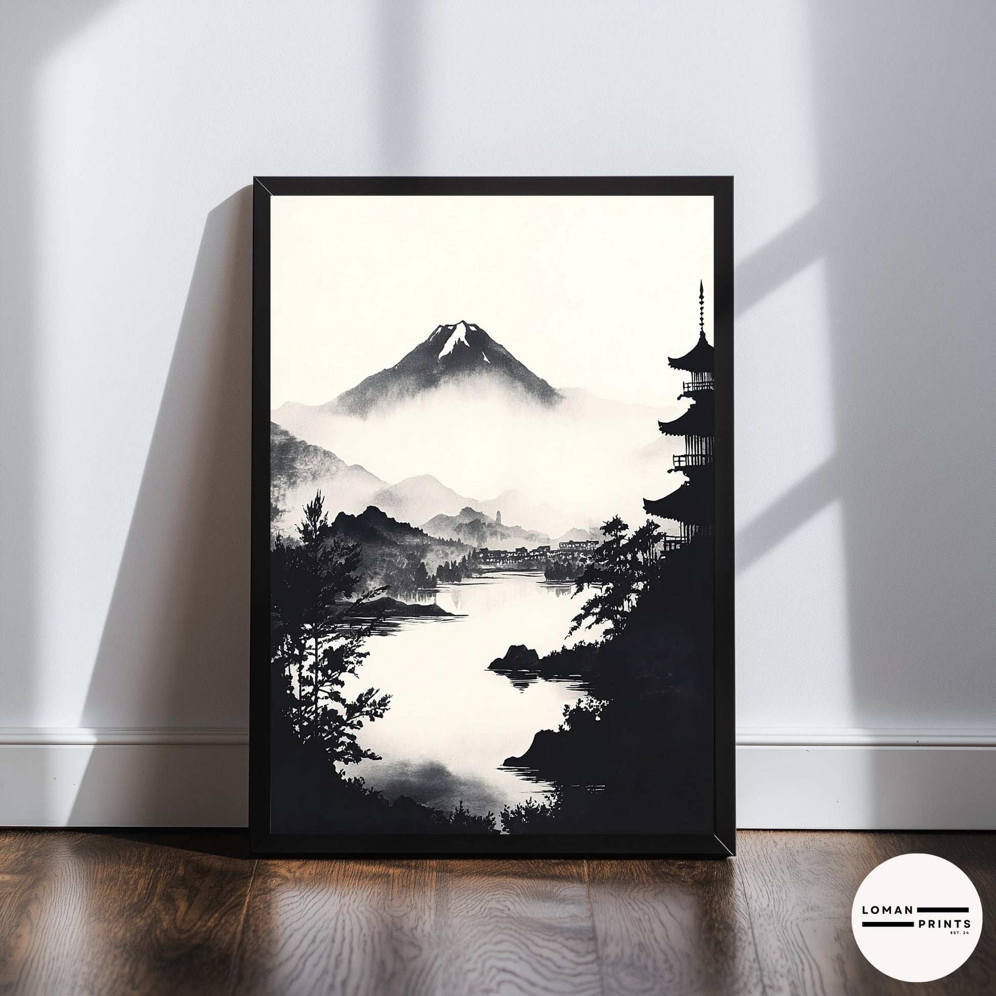 Black and White Zen Landscape Art - Misty Lake View with Distant Pagoda - Minimalist Japanese Print for Serene Home Decor