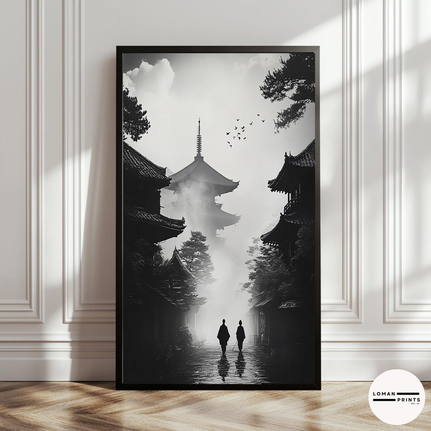 Black and White Zen Art - Monks Walking Towards Pagoda in Mist - Minimalist Japanese Print for Dramatic and Tranquil Deco