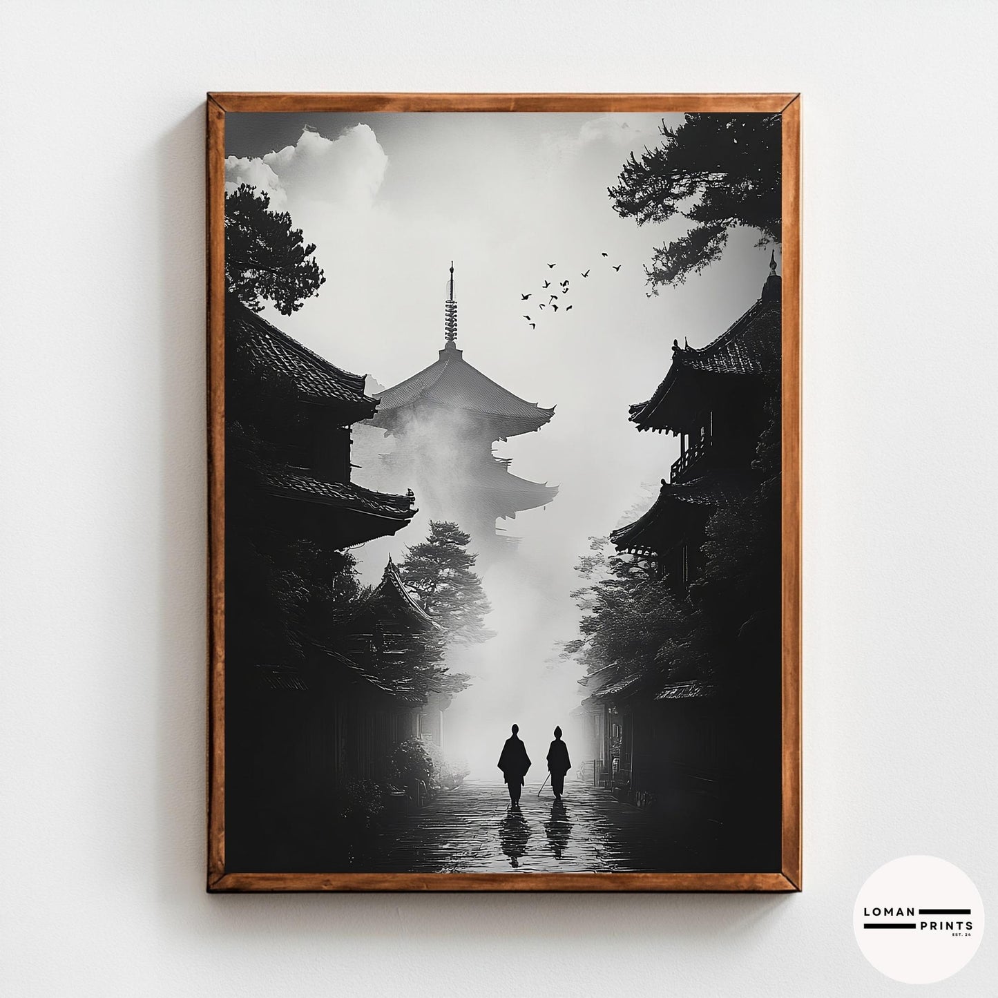 Black and White Zen Art - Monks Walking Towards Pagoda in Mist - Minimalist Japanese Print for Dramatic and Tranquil Deco