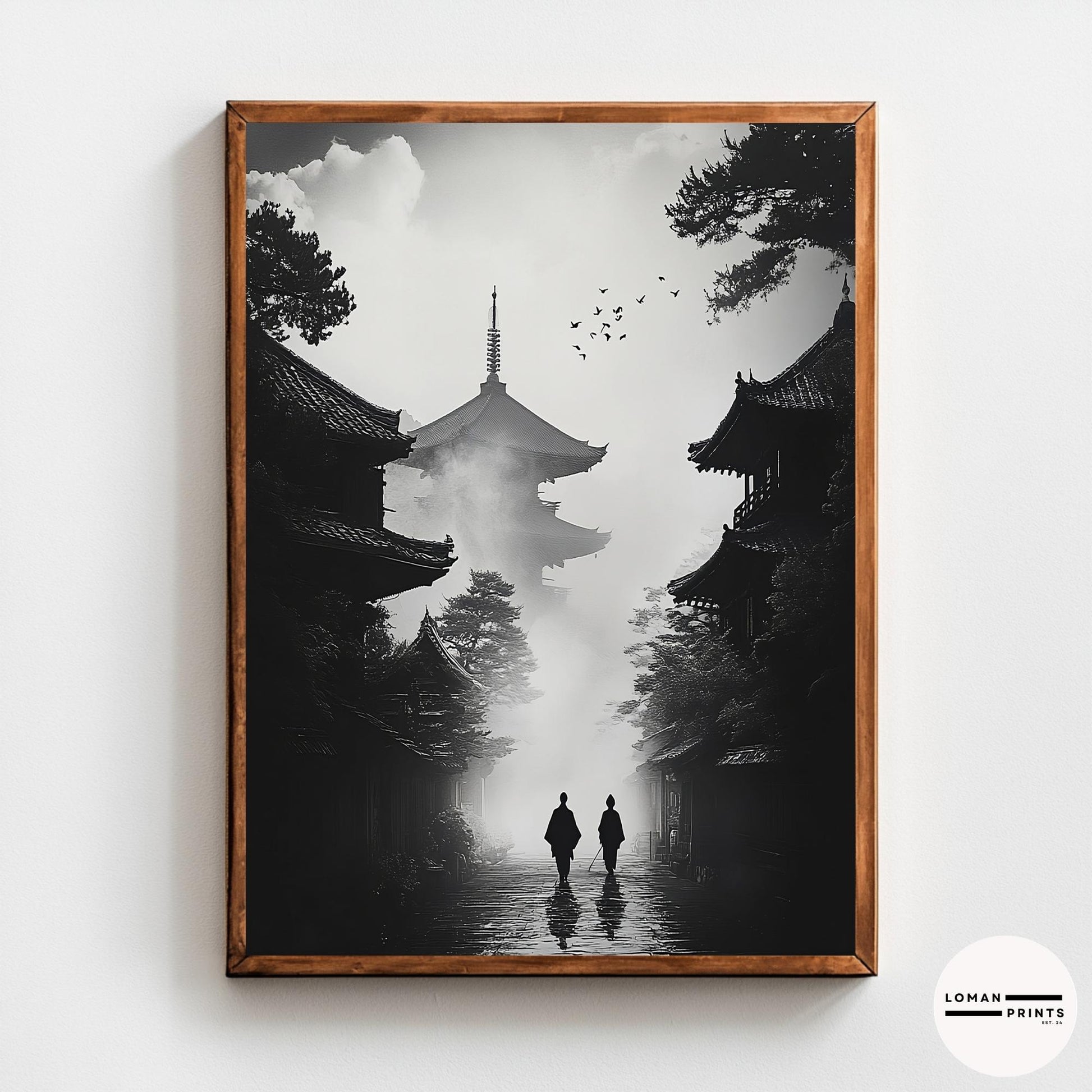 Black and White Zen Art - Monks Walking Towards Pagoda in Mist - Minimalist Japanese Print for Dramatic and Tranquil Deco