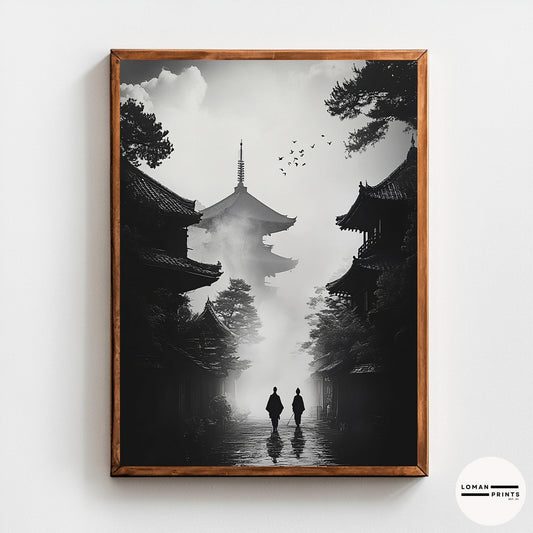 Black and White Zen Art - Monks Walking Towards Pagoda in Mist - Minimalist Japanese Print for Dramatic and Tranquil Deco