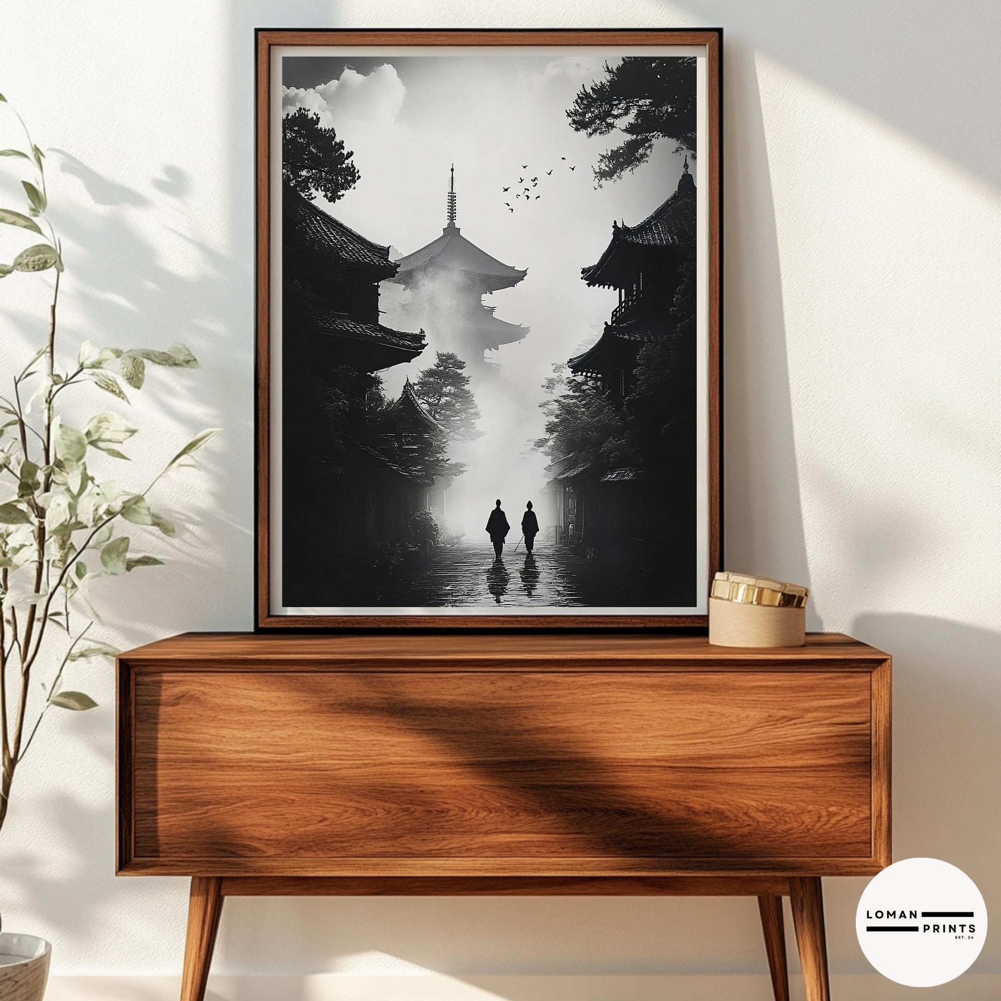 Black and White Zen Art - Monks Walking Towards Pagoda in Mist - Minimalist Japanese Print for Dramatic and Tranquil Deco