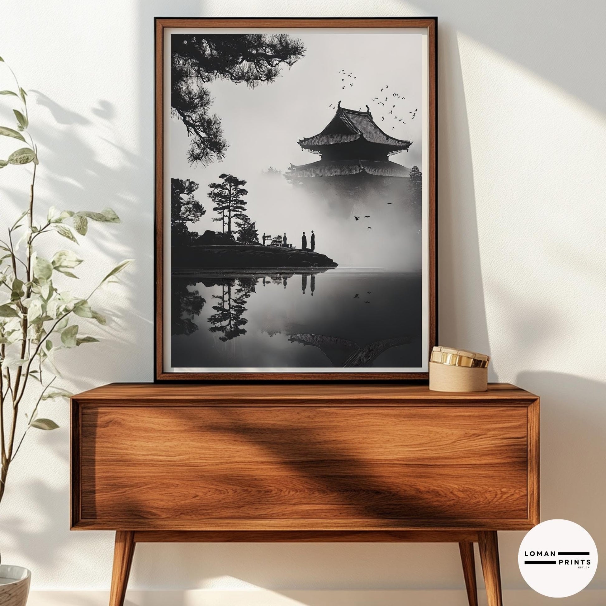 Black and White Zen Art - Monks by Pagoda Reflecting on Misty Lake - Minimalist Japanese Print for Serene and Peaceful Decor