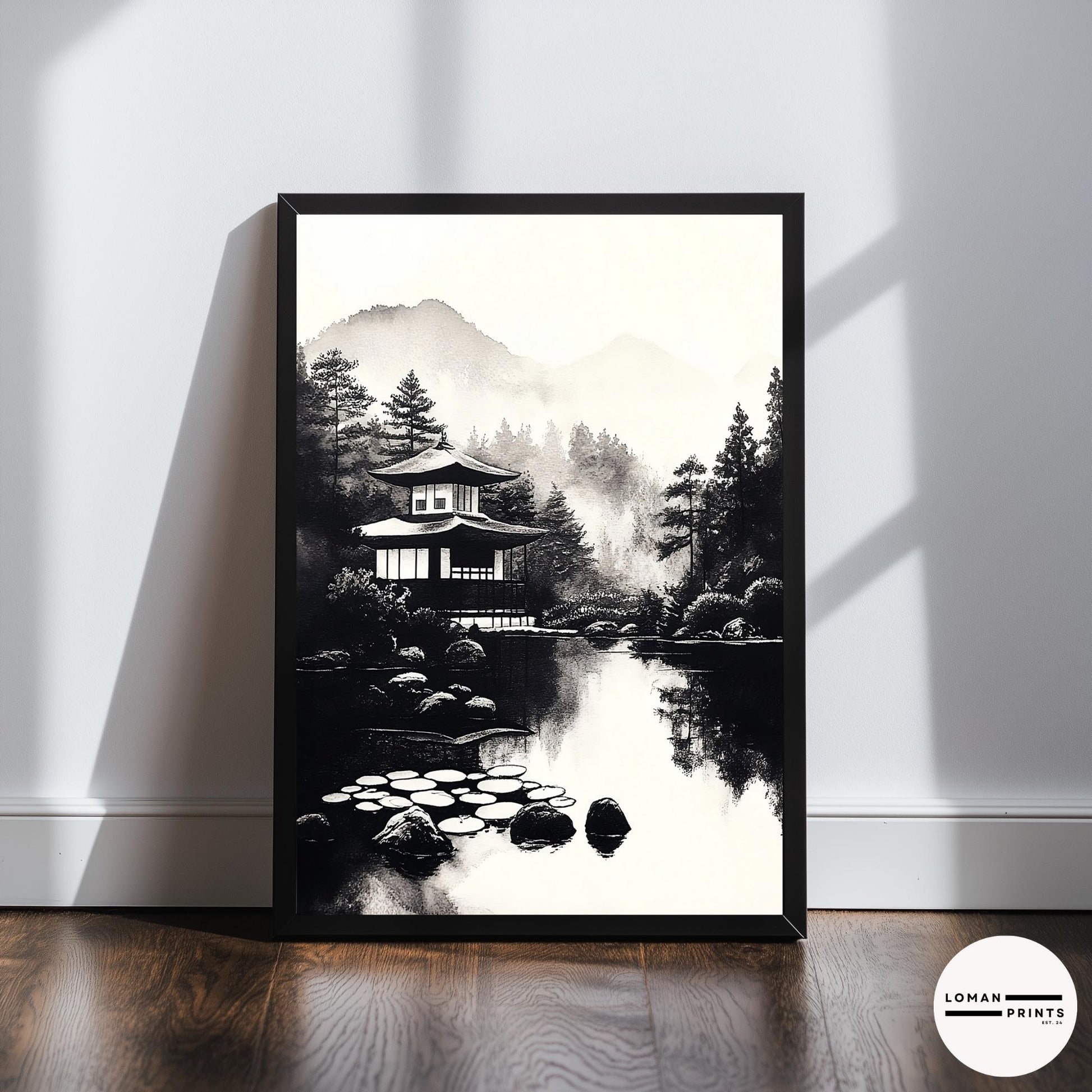 Black and White Zen Art - Tranquil Japanese Pavilion by Reflective Pond - Minimalist Landscape Print for Serene Home Decor
