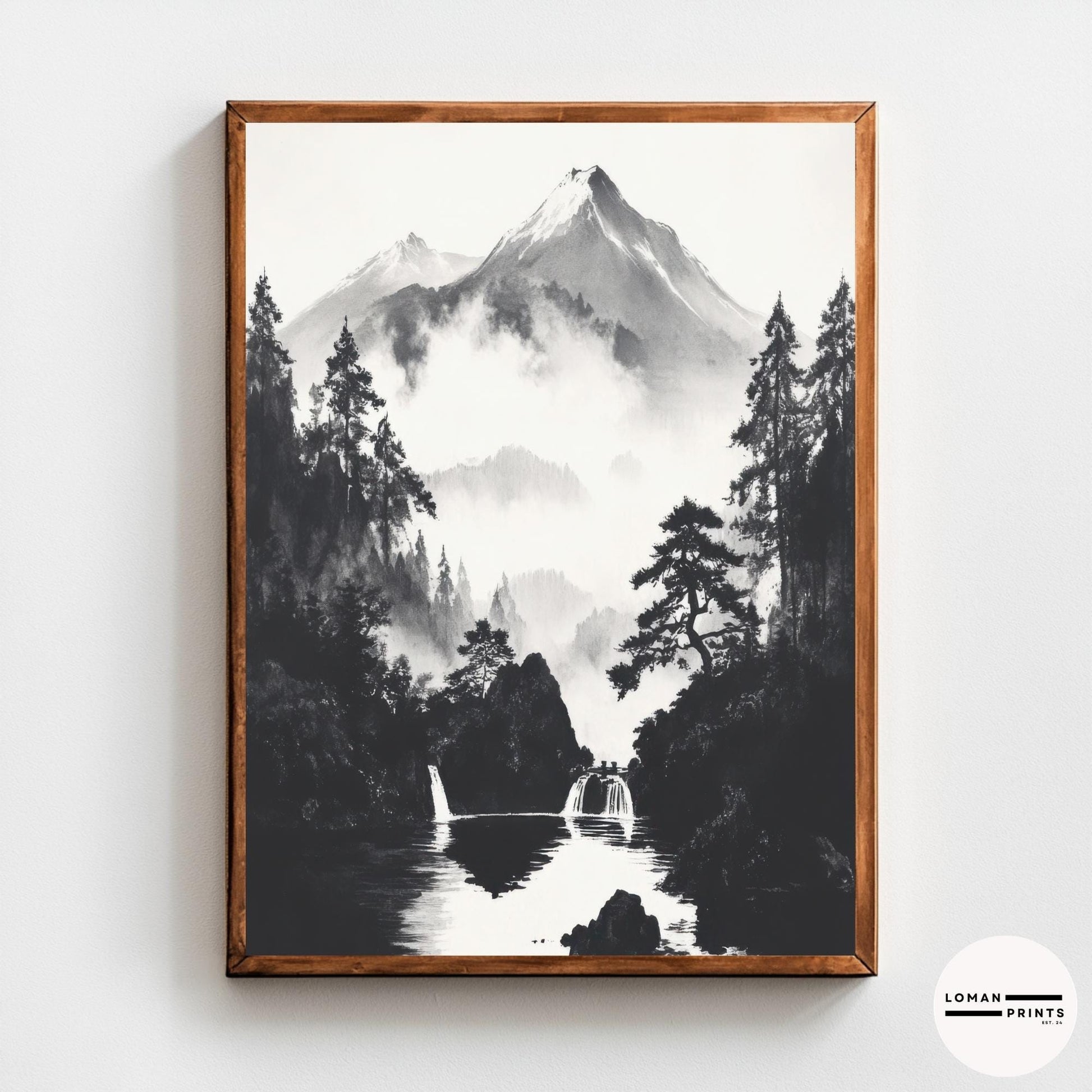 Black and White Japanese Nature Art - Serene Waterfalls in Misty Mountain Valley - Minimalist Landscape Print for Calm Decor